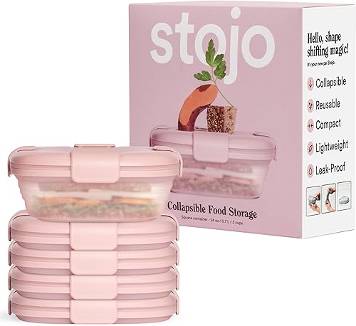 STOJO Caja de sándwich plegable, 5 unidades, clavel translúcido, 24 onzas, contenedor de almacenamiento de alimentos reutilizable, cuenco de