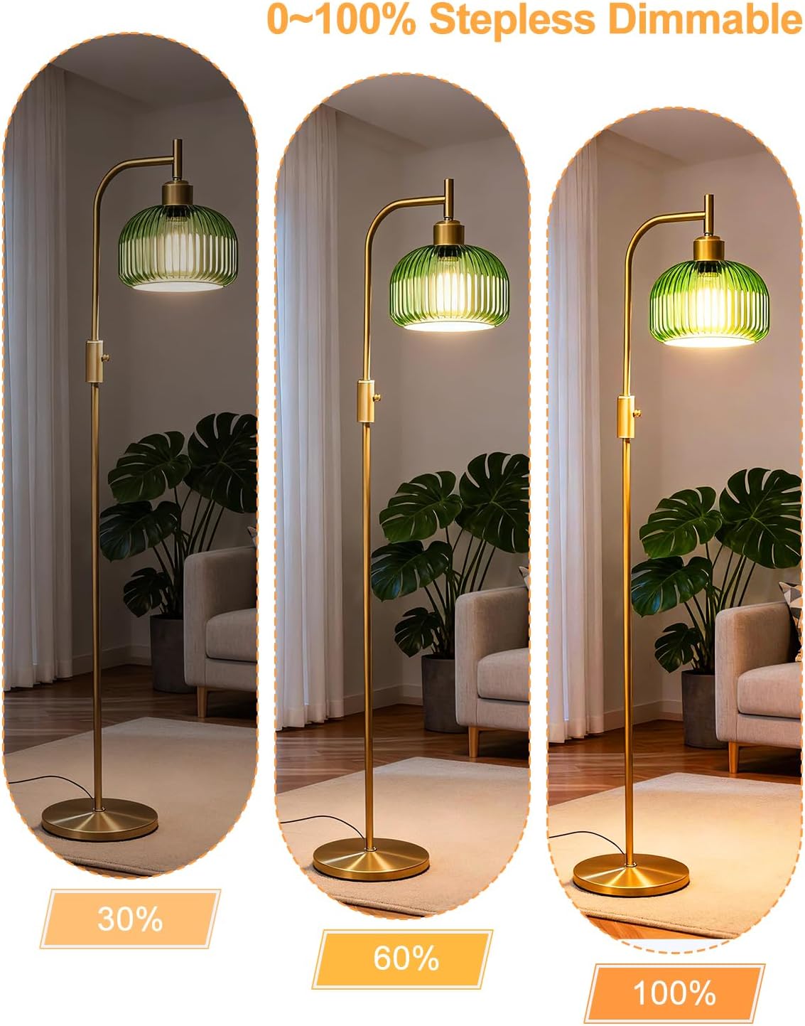 Lightdot 64IN Glass Floor Lamp for Living Room, Dimmable Modern Standing Lamps with Emerald Green Ribbed Glass Lampshade&(Bulb Included), Industrial Floor Lamp for Bedroom Office/