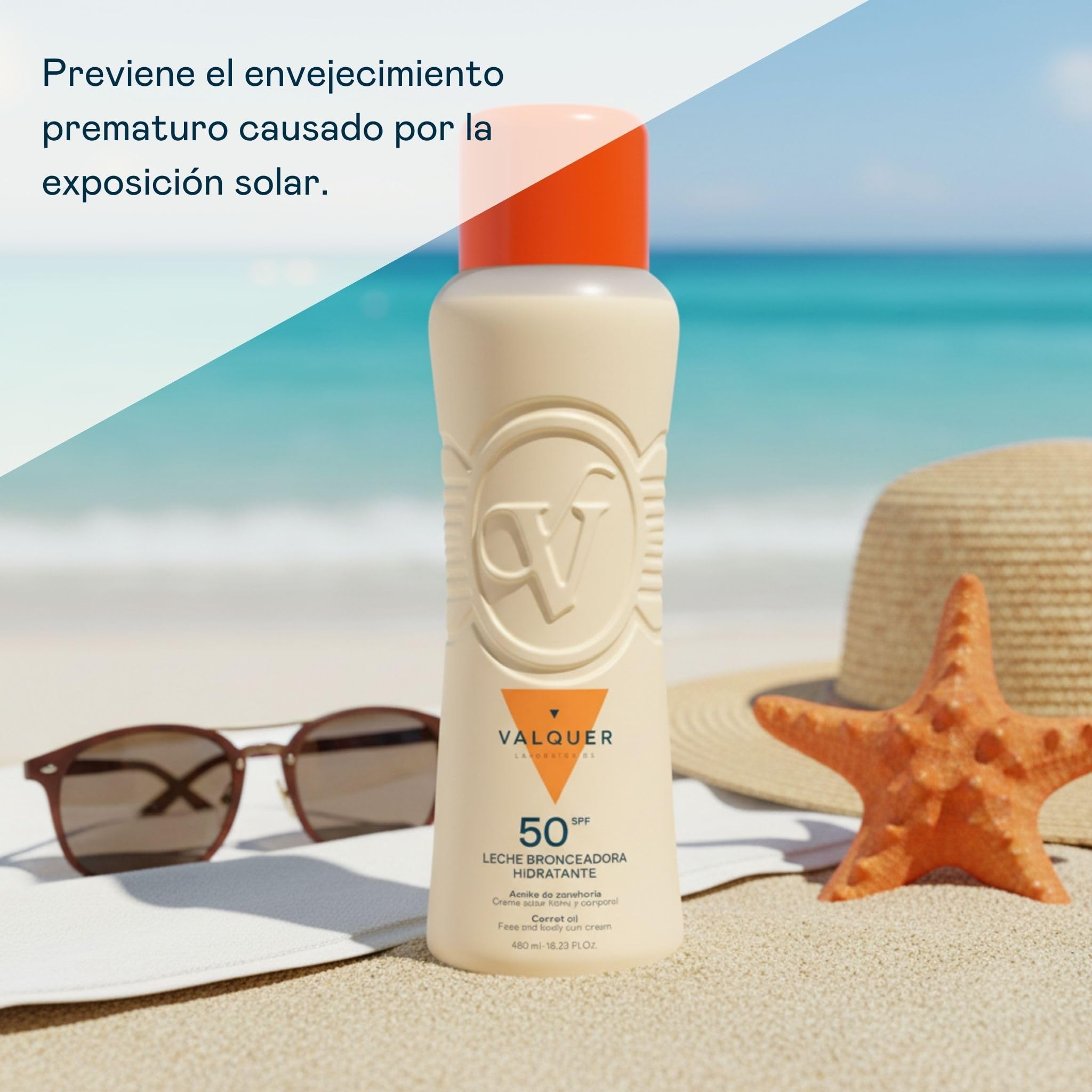 VALQUER Leche Bronceadora Hidratante de Zanahoria SPF 50 | Crema Protectora Solar Facial y Corporal contra Rayos UV | Antioxidante y Regeneradora con Vitamina E | Bronceado Natural | 480 ml