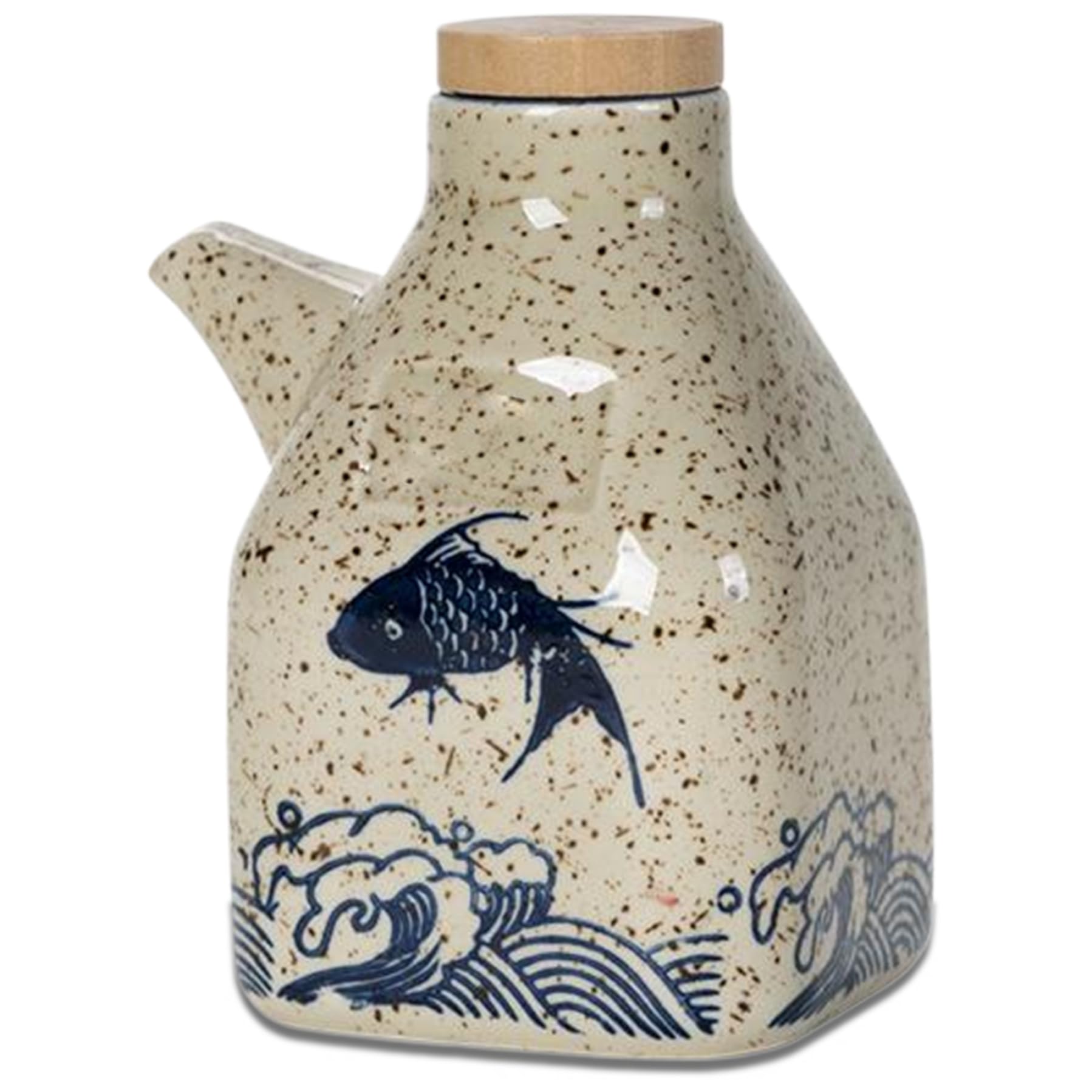 Beahing 1Pc Soy Sauce Bottle 5X3 Ceramic Dispenser Wooden Lid Fish Pattern Japanese Style Ponzu Vinegar