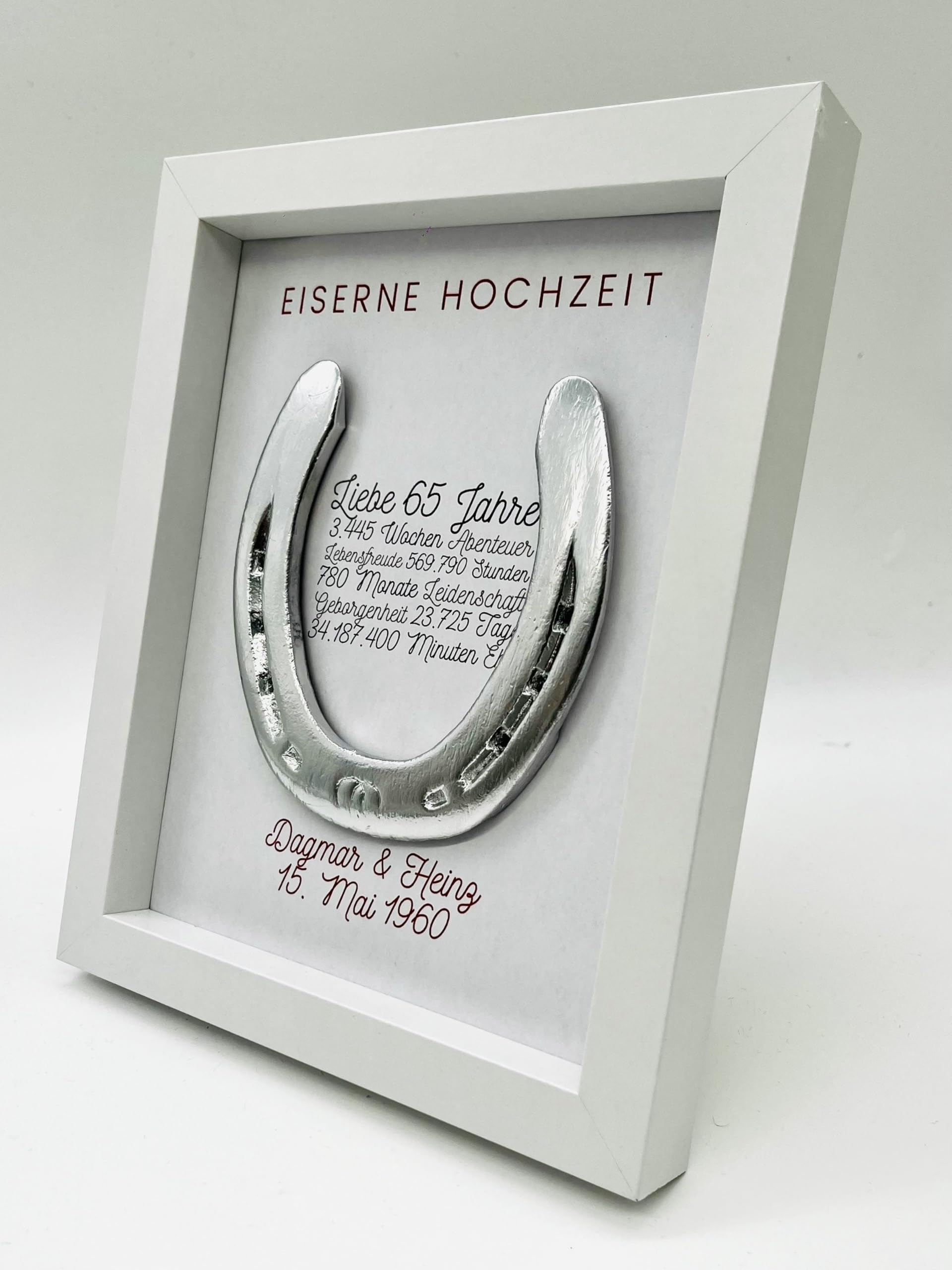 Generisch Geschenk zur eiserne Hochzeit, Eiserne Hochzeit, Wandbild 65 Jahre Ehe, personalisiertes getragenes Hufeisen (Hellbrau)