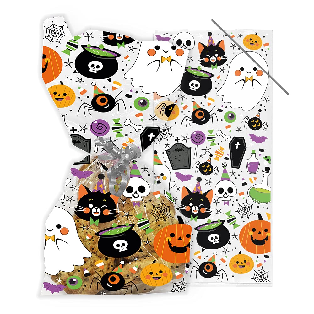 Anniversary House Halloween 20pcs Party Cellophane Bags with Twist Ties - Clear Treat Bags with Cartoon Halloween Icons - Durable Plastic for Candy, Cookies, Fudge, Party Favors, and Gifts