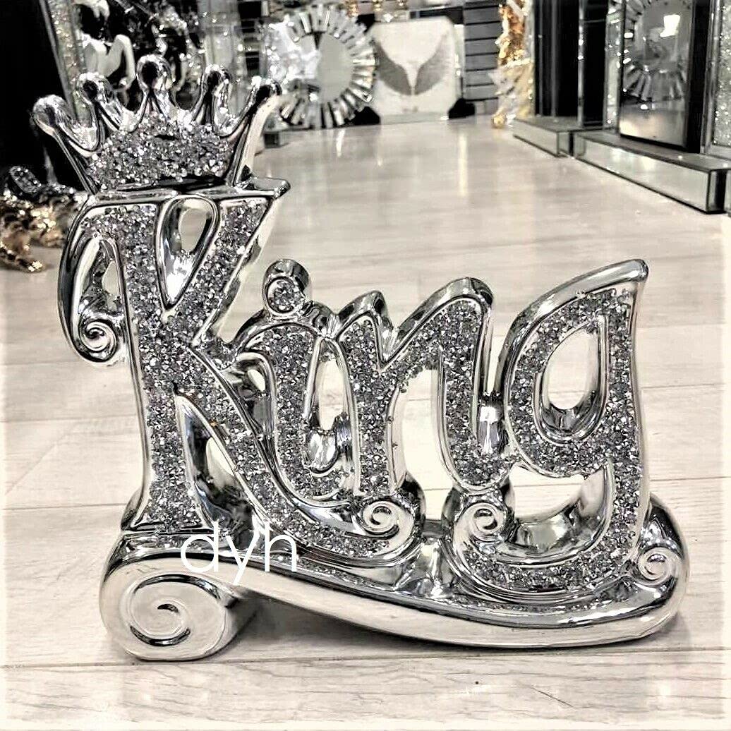 Touch of Venetian Silver Crushed Diamond Sparkly Crown King Ornament Shelf Sitter Bling