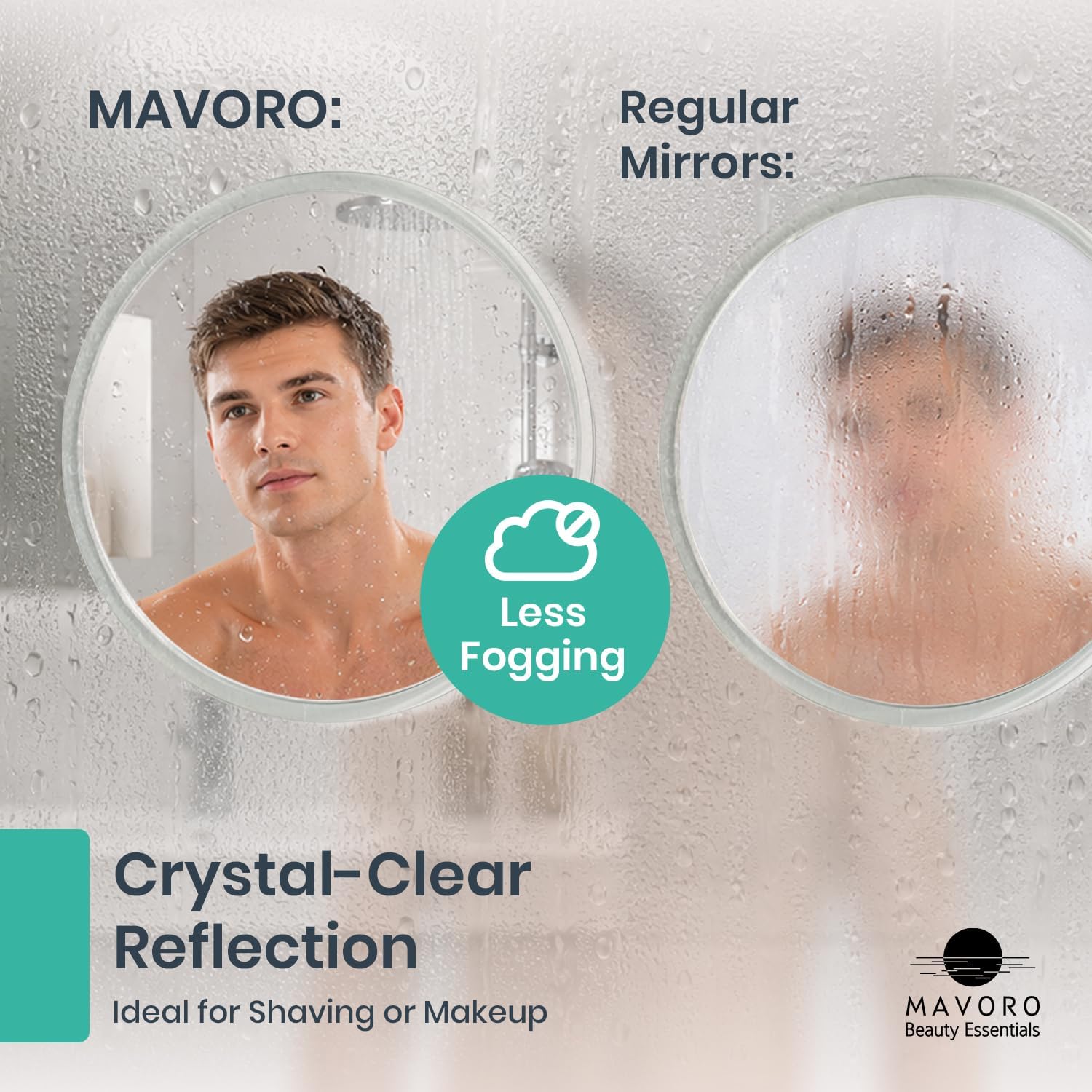 Mavoro 9'' Shower Mirror with 3 Strong Suction Cups | Non-Magnified Acrylic Mirror | Less Fogging | Portable Travel Shaving & Grooming Mirror | Clear