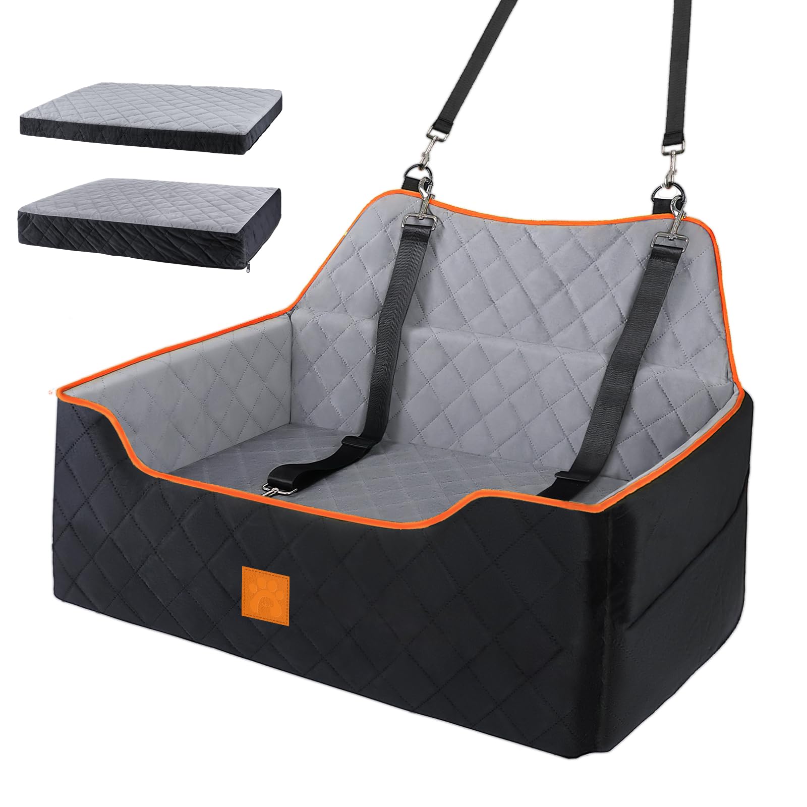 Dog Car Seat Large Medium - Sized Travel Pet Bed for Dogs Under 55 Lb or 2 Small Dogs,Safety Memory Foam Car Booster Seat with 2 Cushions& Safety Leashes,Large Travel Bed for Backseat