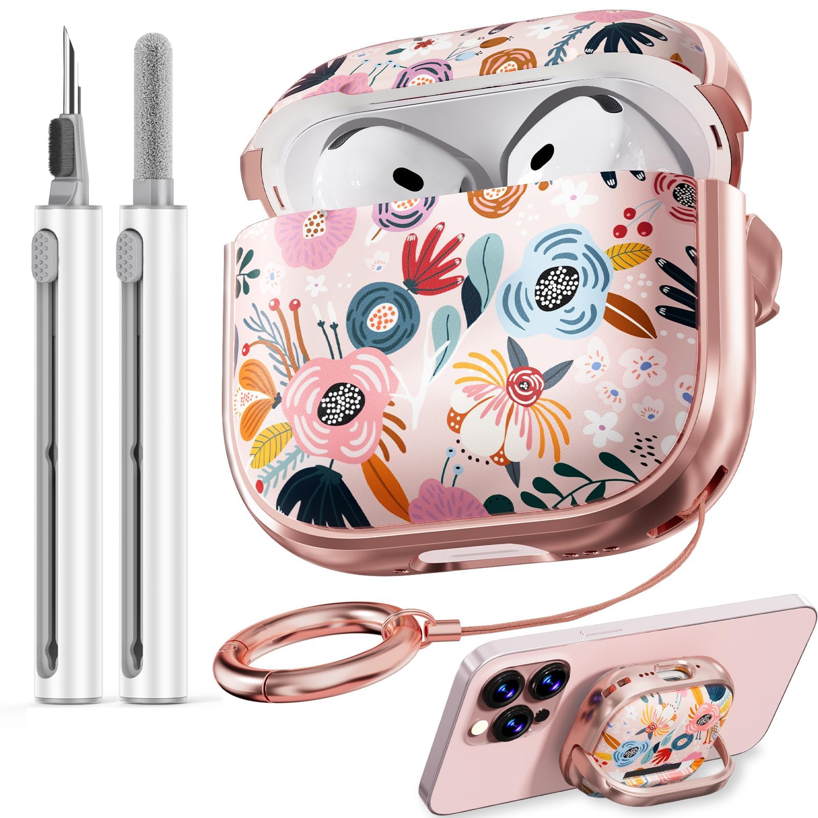 Inesore with Safety Lock for AirPods 4 Case Cover 2024,Floral Cute AirPod 4th Generation Case for Women Girly with Cleaner Kit and Keychain- Pink Berry Flower