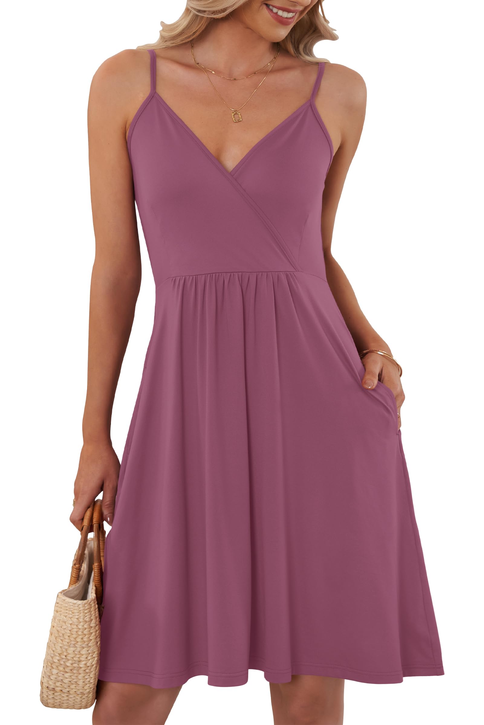 AUSELILY Summer Dresses for Women UK V Neck Spaghetti Strap Casual Dress Beach with Pockets Mauve 2XL