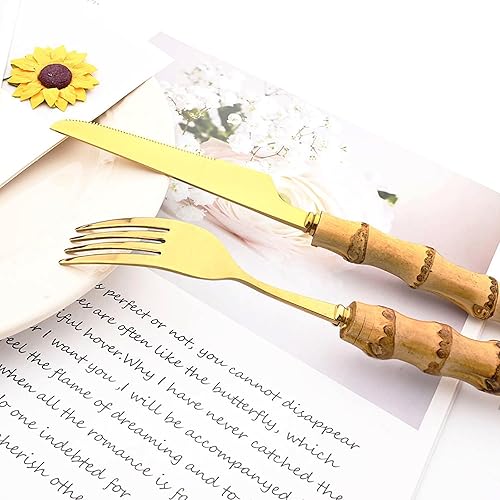 Miniatura 3 de Juego de 8 tenedores de bambú natural para ensalada, tenedor de postre para el hogar, boda, fiesta o restaurante, uso diario, acero inoxidable 304,