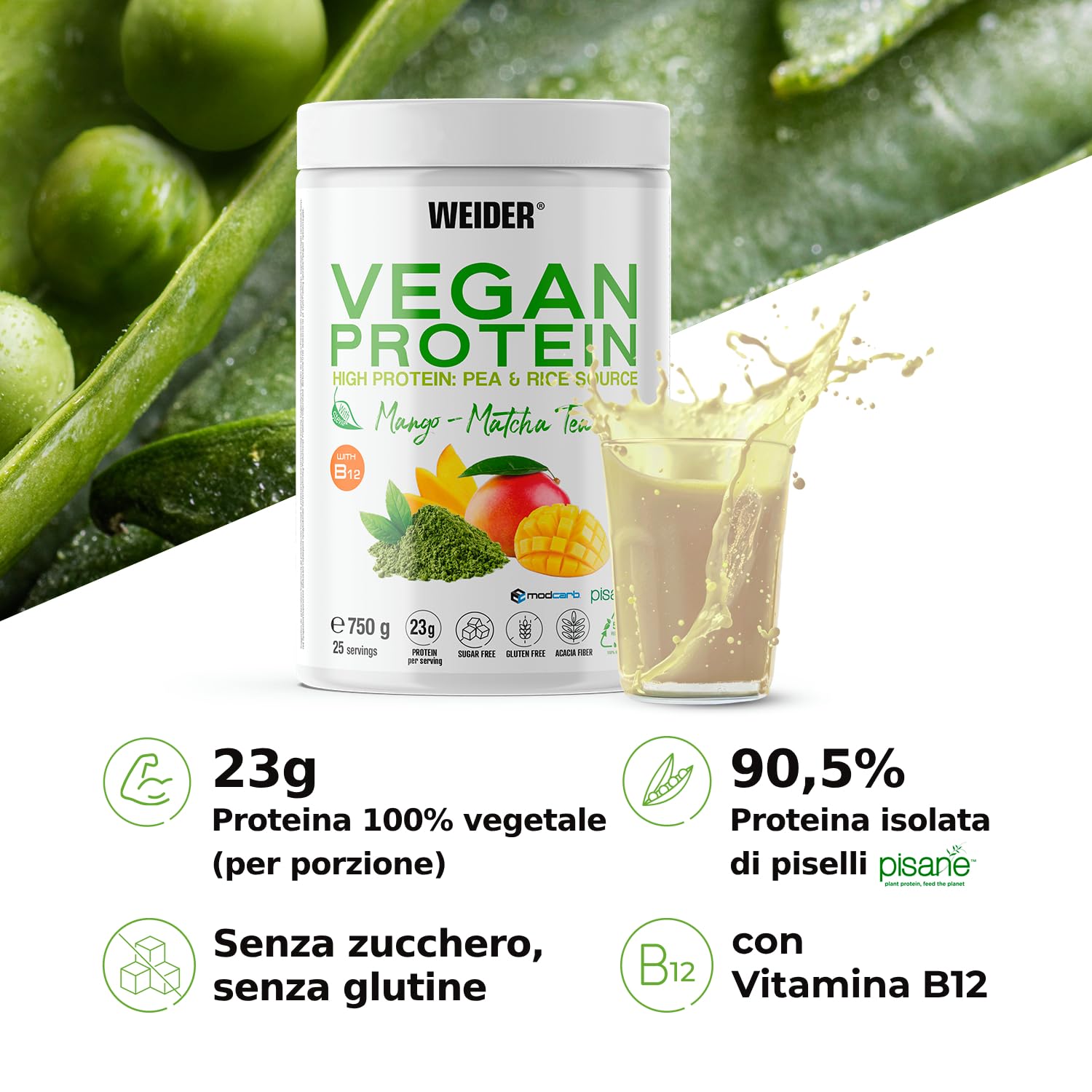 Weider Vegan Protein (750g) Gusto Mango-Matcha. Proteine Vegane 23g/dose isolate di piselli e riso, Con Vitamina B12, Stevia, Senza Glutine, Senza Zucchero, Contenitore 50% Riciclato, 100% Riciclabile