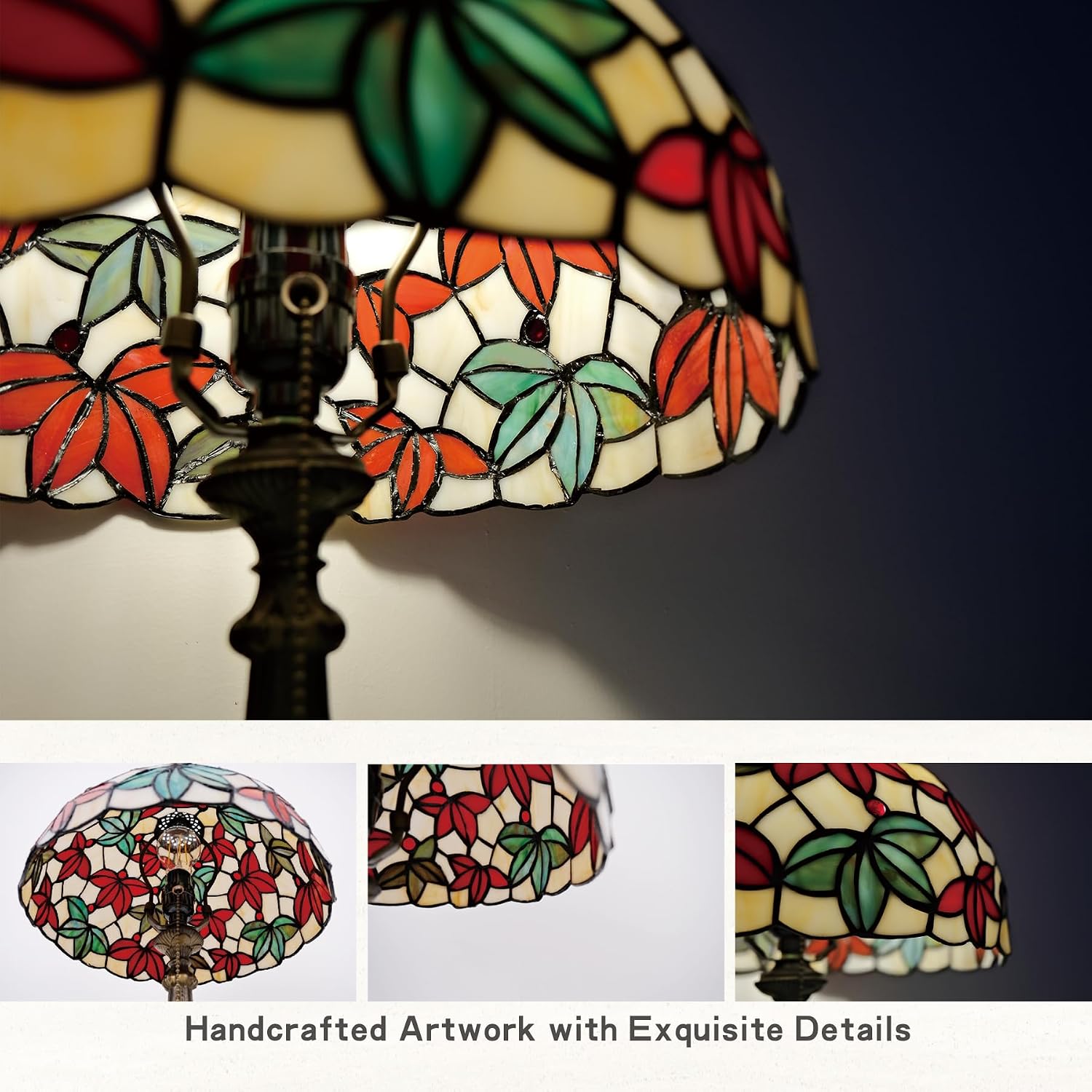 Tiffany Style Stained Glass Table Lamp, Maple Leaf Desk Light with Antique Bronze Resin Base, Multicolor Reading Lighting for Bedroom, Living Room, Office 12”X12“X19 (Maple-White)