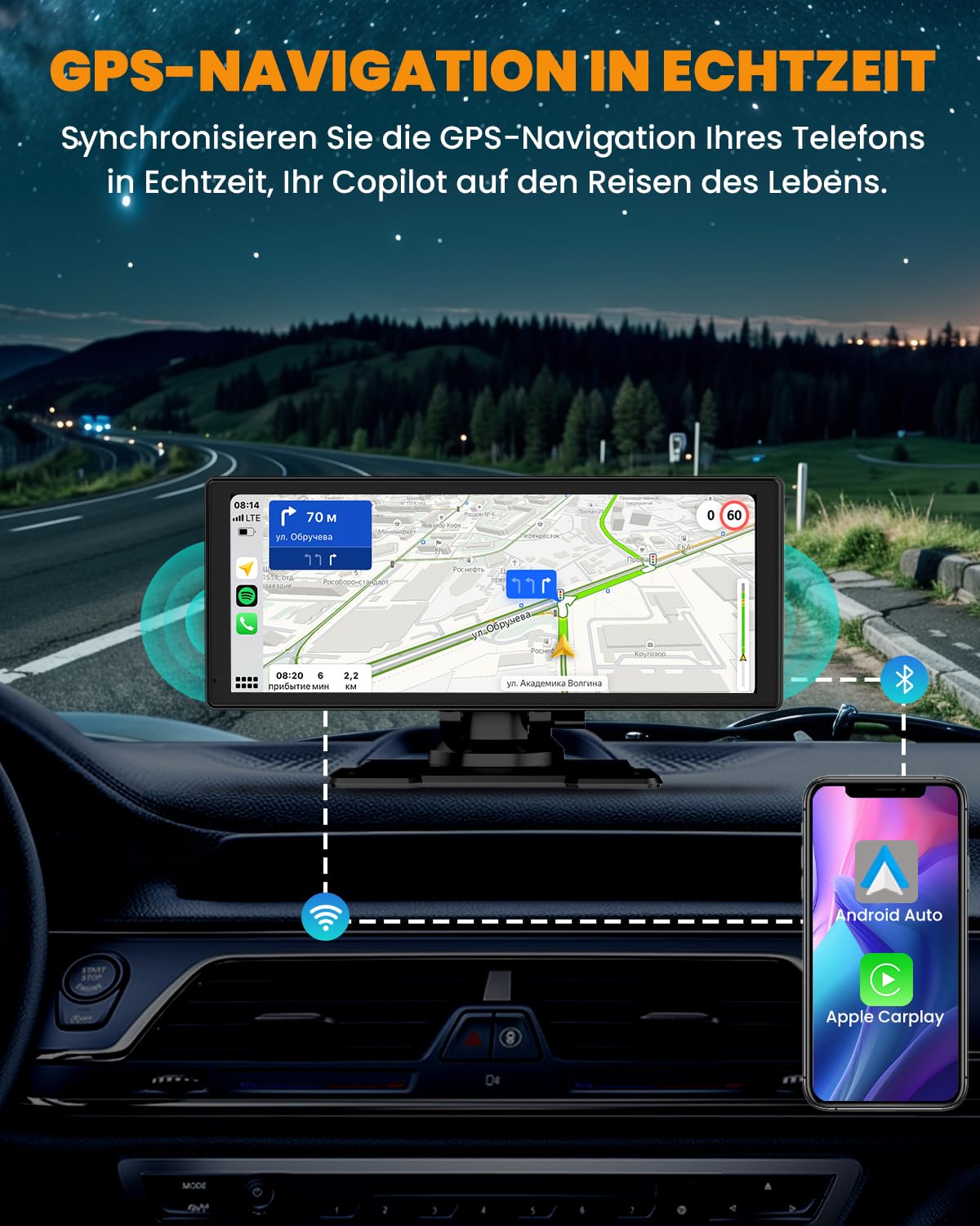 Carplay Display, 8.88" Apple Carplay, Android Auto Display mit 1080P HD Rückfahrkamera & Frontkamera, GPS Navigation, Freisprecheinrichtung, Mirror Link, FM, Einfacher Einbau