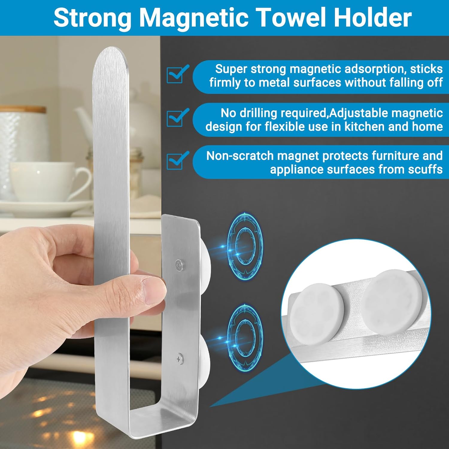Magnetic Towel Holder Stainless Steel, Towel Hanger with Two Strong Magnet,Heavy Duty Magnet Towel Rack Wall Mount Organizer for Refrigerator Grill Garage RV Kitchen Bathroom Pantry Dishwasher.