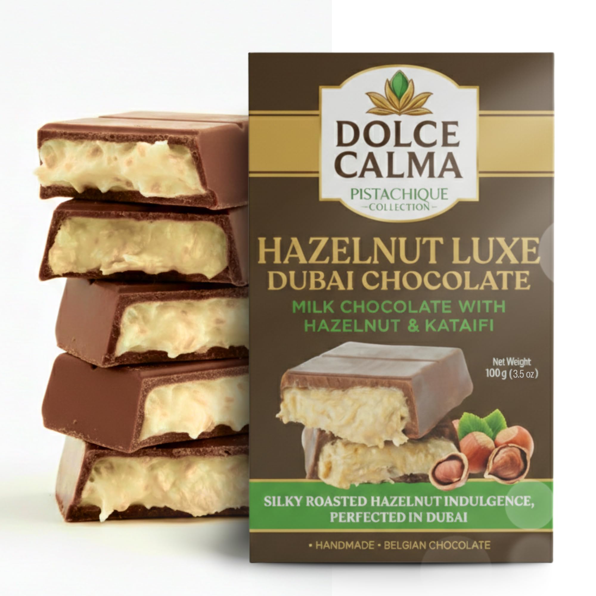 Dolce Calma Viral Dubai Hazelnut Chocolate Bar (100g / 3.5oz) – Authentic Handmade Belgian Chocolate with Turkish Pistachio & Crispy Kataifi, Premium Quality Luxury Cream Kunafa Filling, No Palm Oil