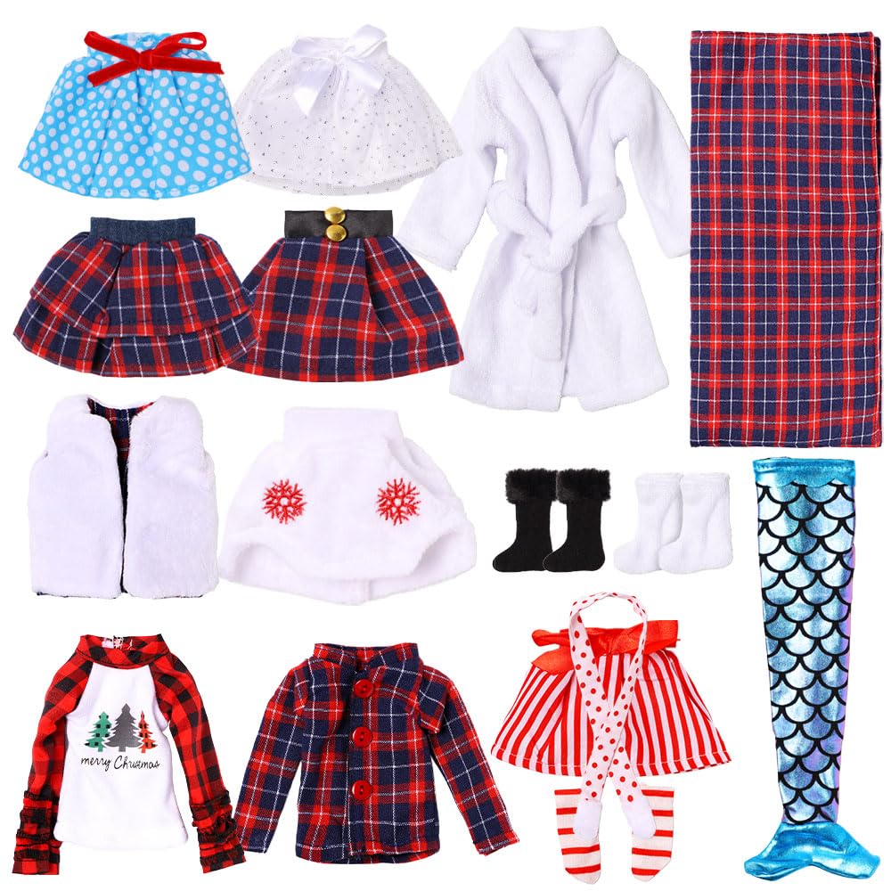 16 PCS Santa-Couture Clothing-Accessories Set - Include Skirts, Mermaid, Bathrobe, Sleeping Bag, Fluffy Vest, Shirt, T-Shirt, Dot Scarf and 2 Pairs of Boots, Fits for Elf-Doll
