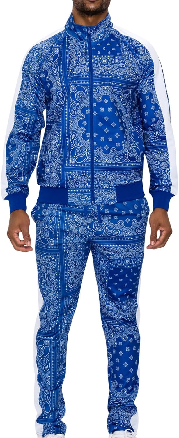 G-Style USA Men's Accented Bandana Paisley Tracksuit Set - Zipper Jacket and Sweatpants ST804 - Royal Blue - X-Large