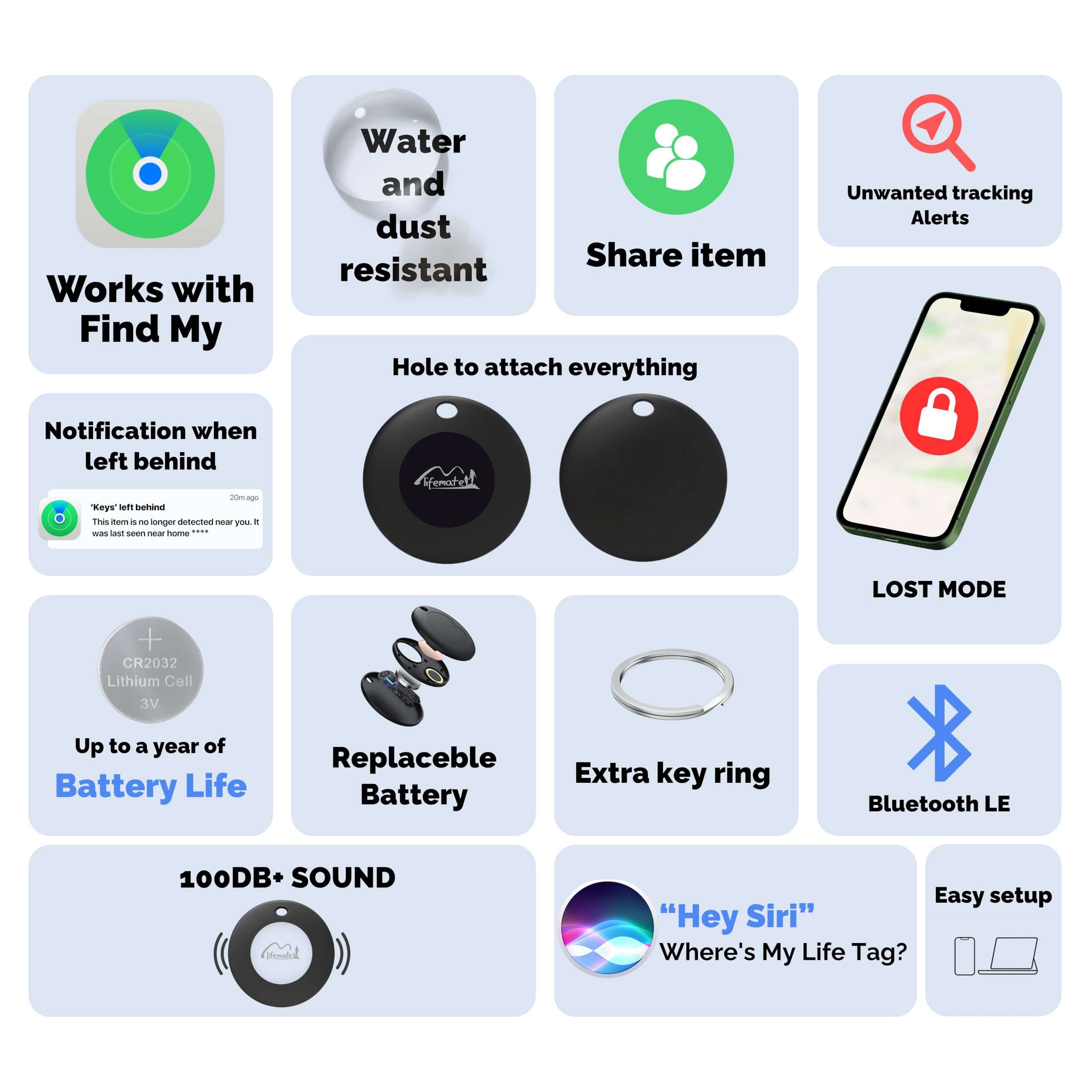 Lifemate Life Tag – Smart Bluetooth Tracker kompatibel med Apple Find My, AirTag-alternativ för nycklar, väskor, bagage och värdesaker – 8-pack, enkel spårning och snabb lokalisering