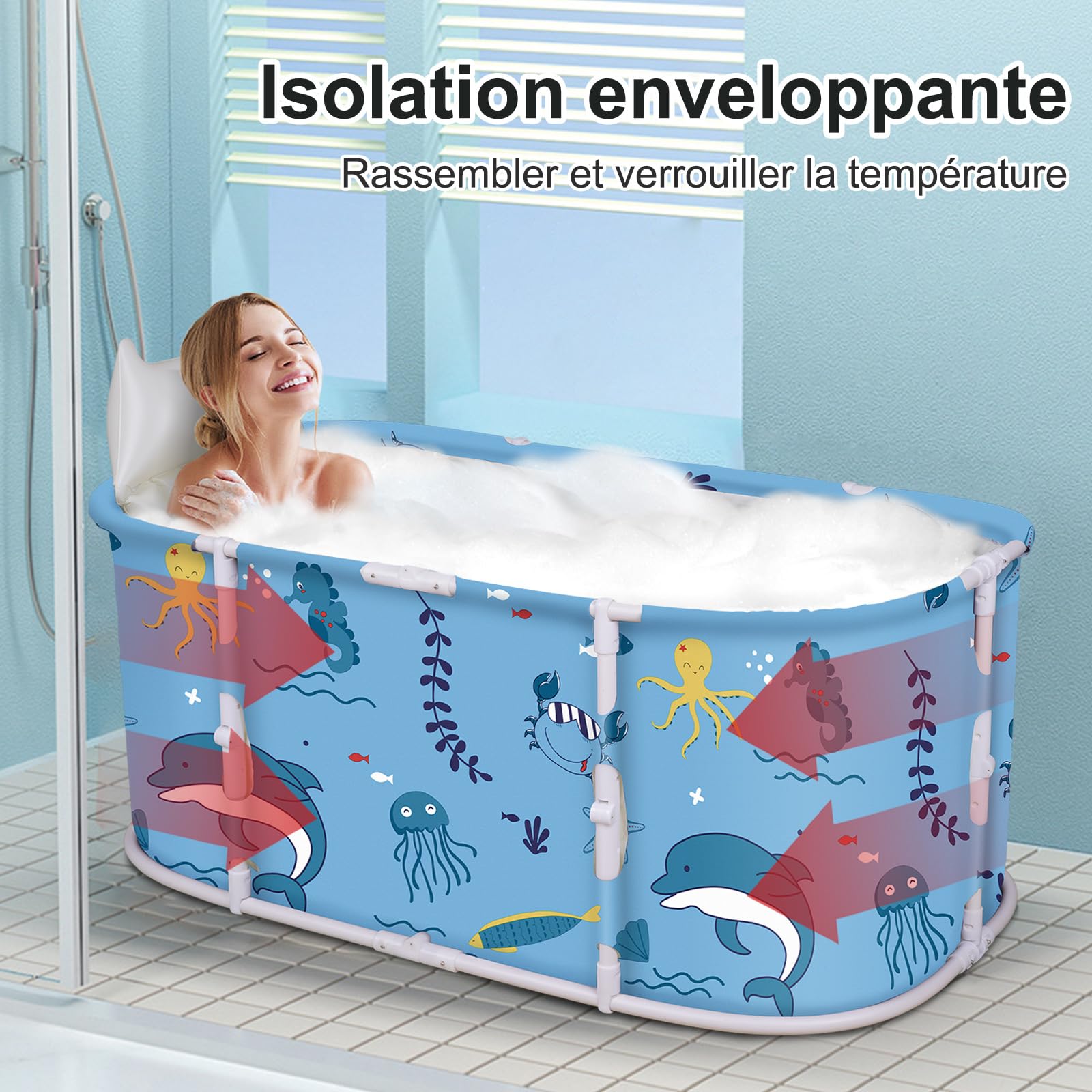 Baignoire Pliable Adulte - Pas Besoin d'Installation, Antidérapant, Pliage Facile - Pour Petite Salle de Bain, Douche, SPA - Avec Tubes en T Épais - 113x65x48cm (Bleu Clair)