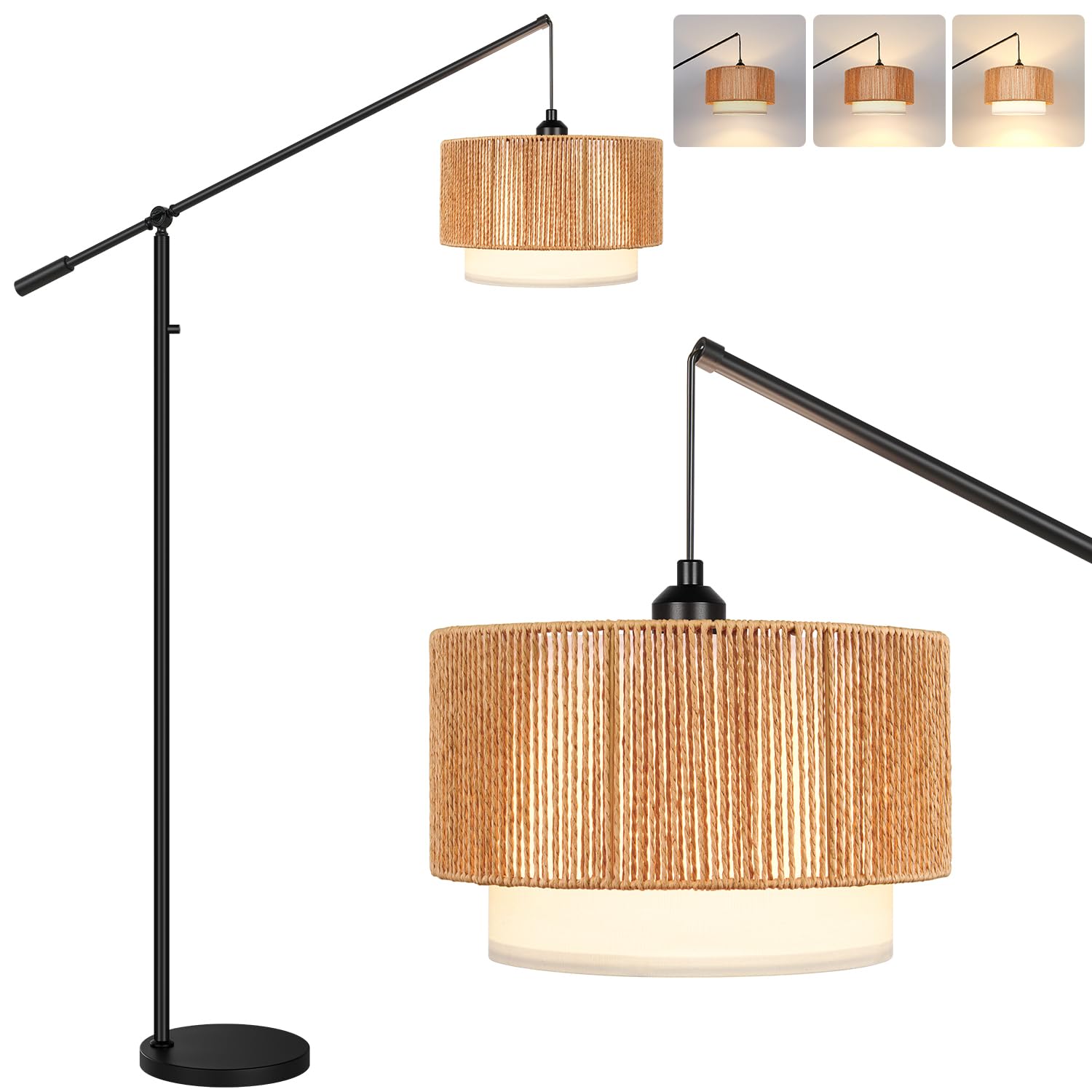 View 1 of ?Upgraded?Boho Dimmable Floor Lamps with Adjustable Swing Arm, 1100 Lumens Bulb Included, Modern Standing Lamp with Rattan & Fabric Shades, Farmhouse Tall Arc Floor Lamp for Living Room Bedroom, Black