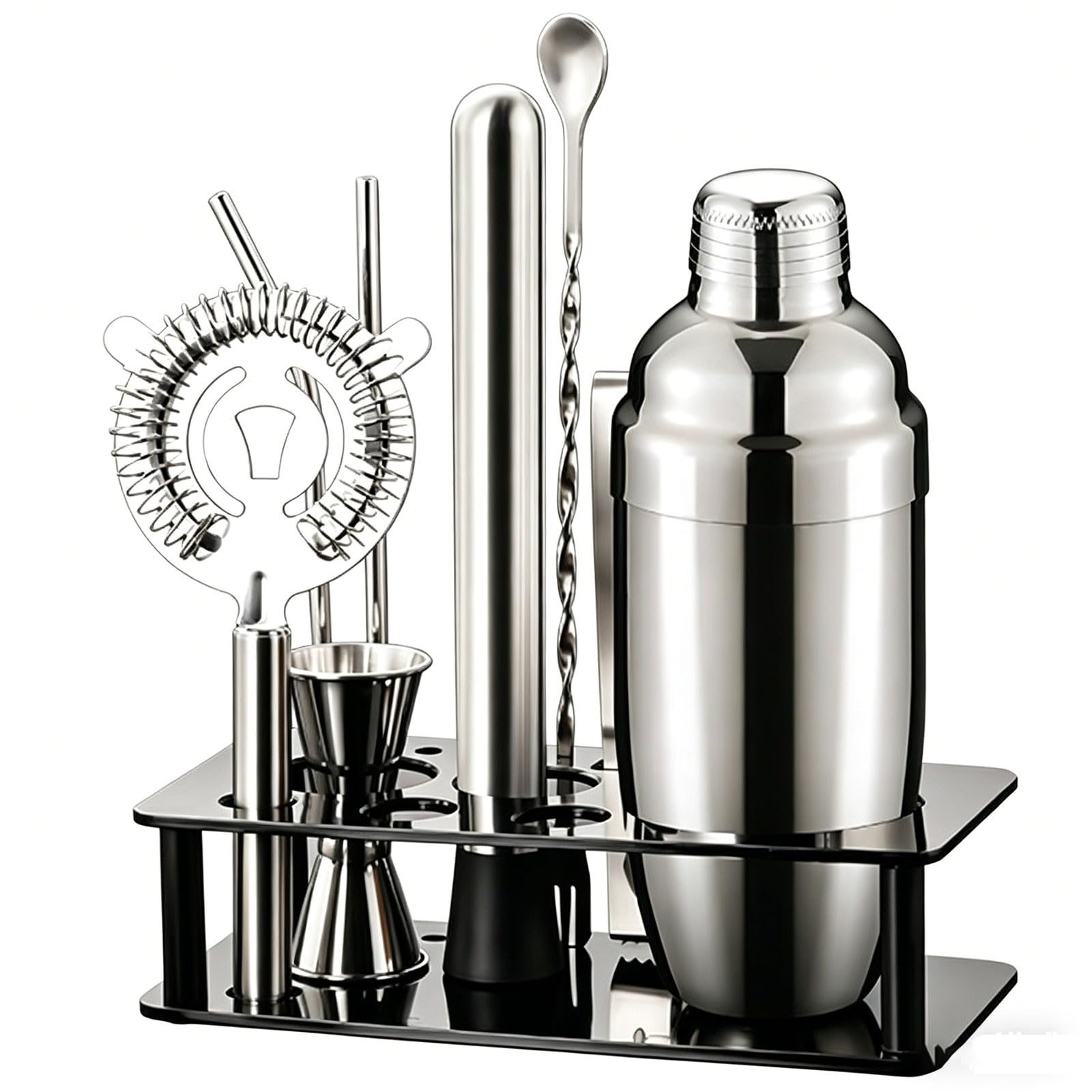 Kit Barman Professionale in Acciaio 9 Pezzi Set Cocktail Shaker con Cucchiaio da Bar Tutti Gli Accessori Essenzial kit da barista per Casa Bar Festa,Regalo per Donna Uomo per Mescolare Bevande,