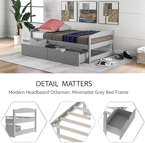 Miniatura 5 de Cama de almacenamiento de plataforma individual con dos cajones, marco de sofá cama de madera maciza para dormitorio, habitación de invitados, no