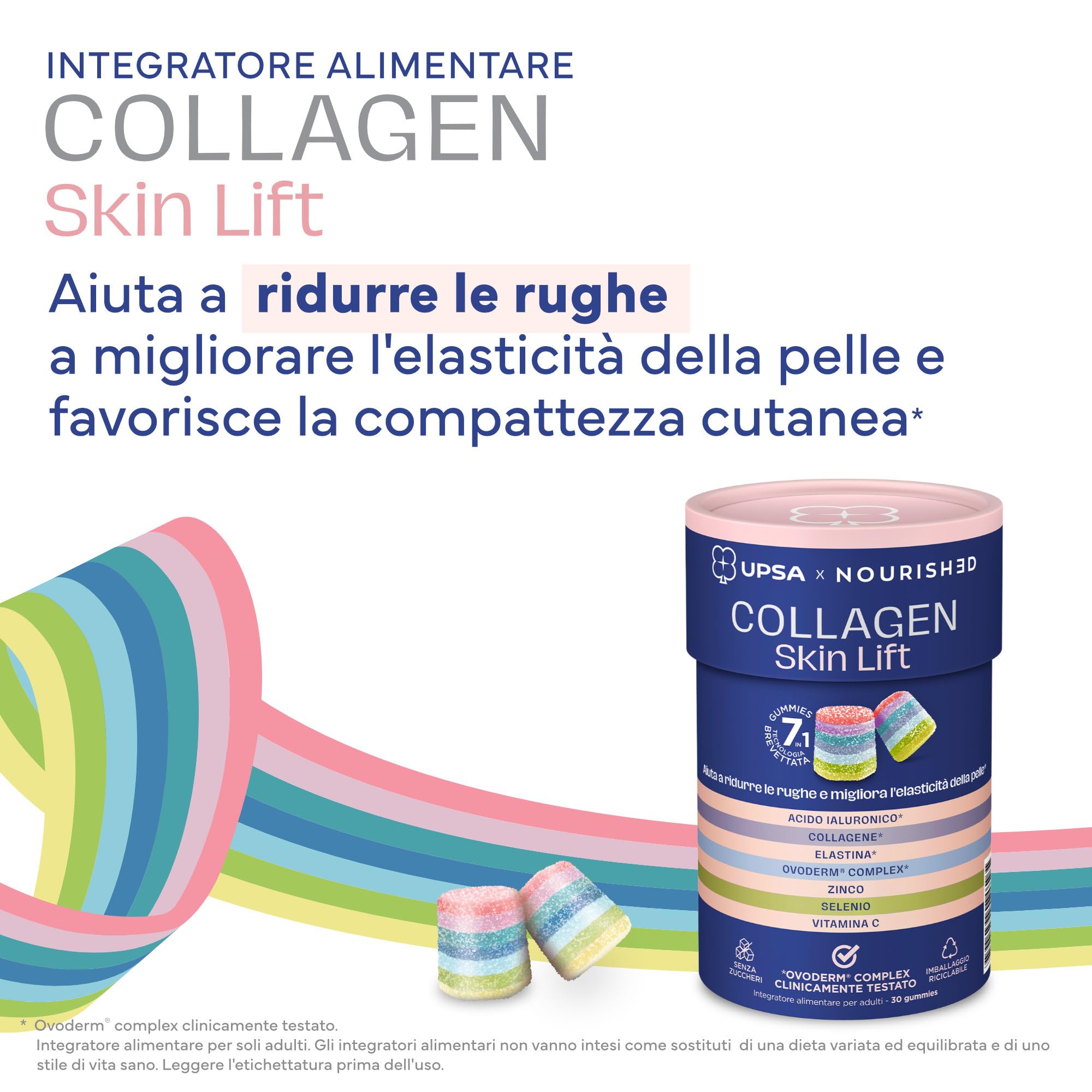 UPSA x Nourished Collagene Skin Lift, 30 Gummies, Integratore Alimentare con Acido Ialuronico ed Elastina, Caramelle Gommose Gusto Frutta, Senza Zucchero, Vegetariano