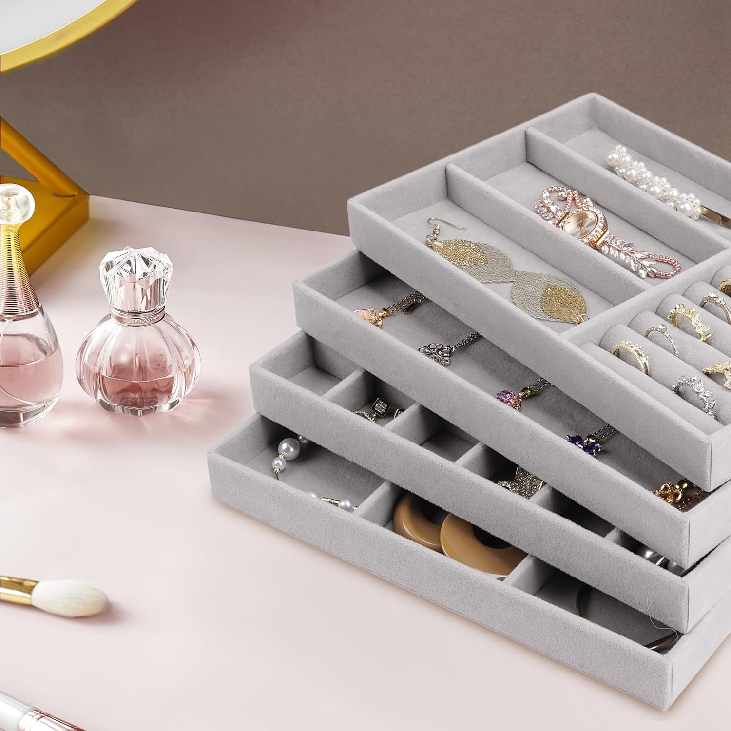 Cirhy 4 Stackable Jewelry Trays Organizer Set for Drawer, Jewelry Organizers and Display Case Storage, Velvet Drawer Inserts Organizer for Necklace Bracelets Earrings Organizer, Gift For Her, Grey - Image 8