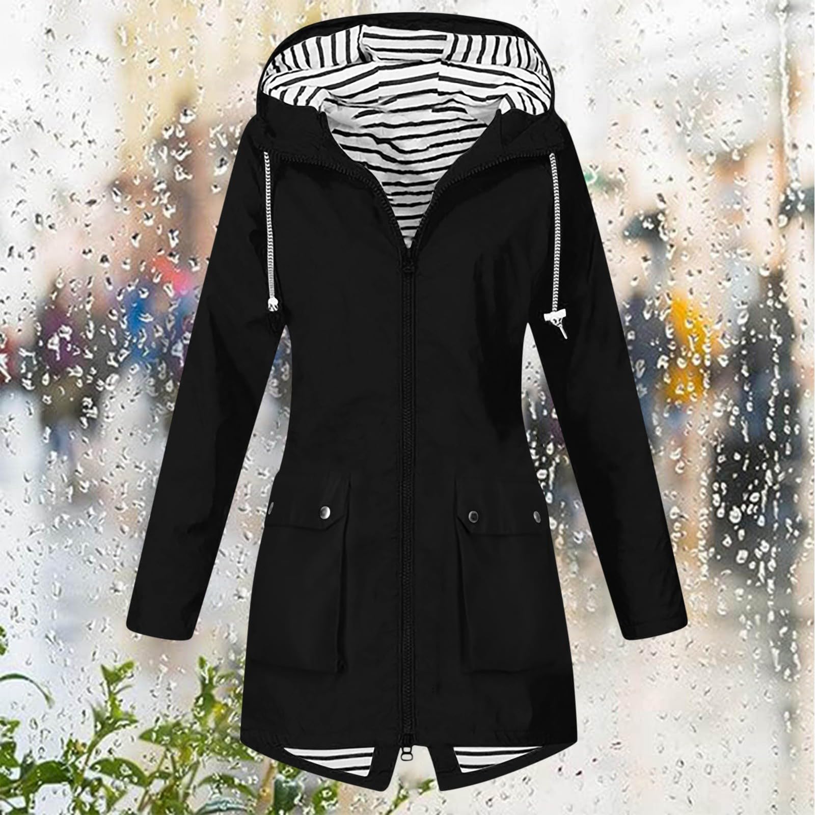 Generisch Chubasquero impermeable para mujer con cremallera para mujer, chaqueta de senderismo con capucha, abrigo de invierno negro