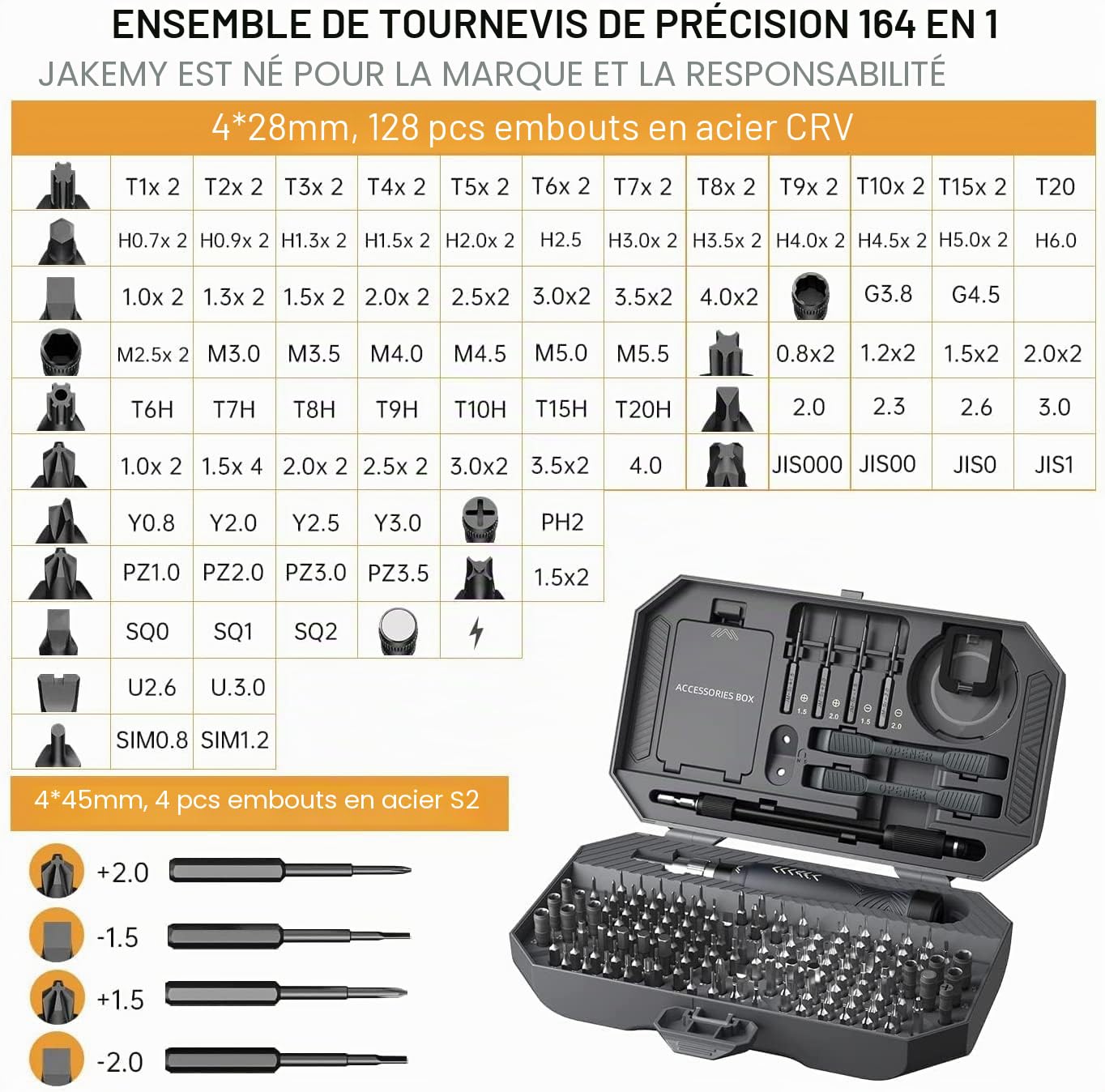 JAKEMY 164 en 1 Kit Tournevis de Precision Outils Réparation T5 T6 Torx Tournevis Embouts Magnétiques pour Téléphone/Lunettes/Ordinateur Portable/Montre/Appareil Photo/iPhone/Voiture RC/Console