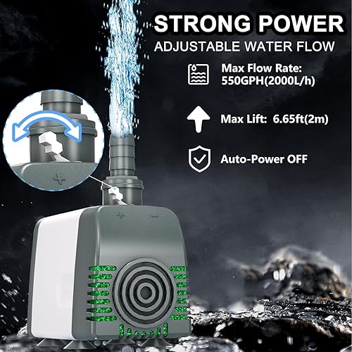 Miniatura 2 de Bomba de agua de apagado automático de 550 GPH, bomba sumergible de fuente ultra silenciosa con flujo ajustable, sin BPA para acuario y estanque