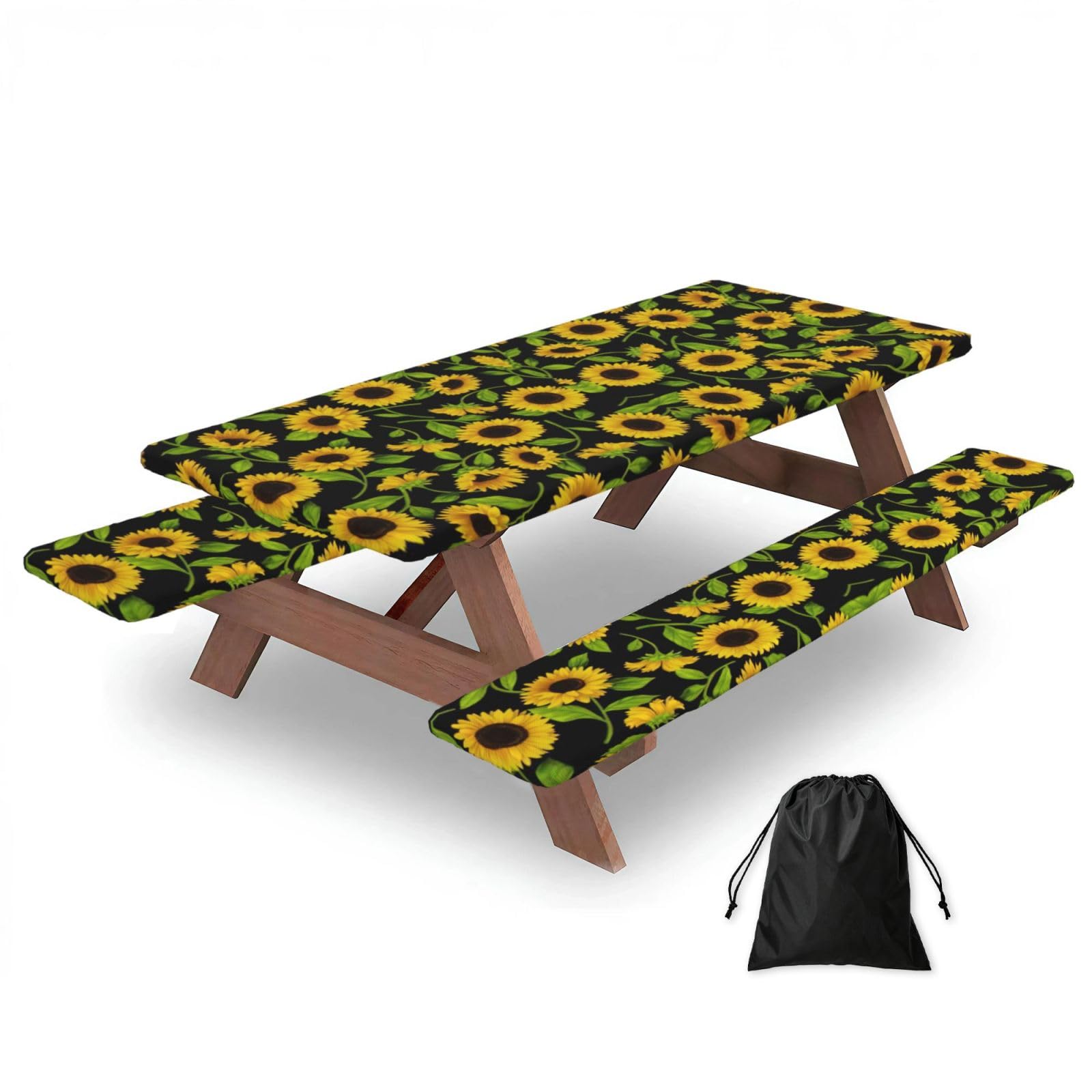 Zyjhyy Black Beautiful Sunflower Print Party Table Covers With Bench Covers Set Of 3 Picnic Table Cloth Wipe Clean For Garden Camping