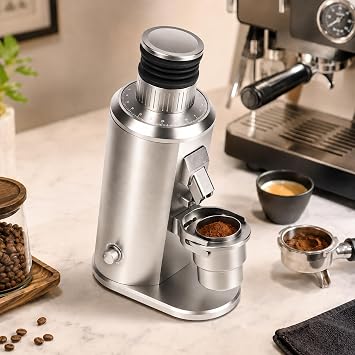 Espresso Grinder with 58mm Portafilter Fork - 80mm Flat Burr Coffee Mill, 0-100 Stepless Adjustment, Variable Speed and 70g Bean Hopper Silver