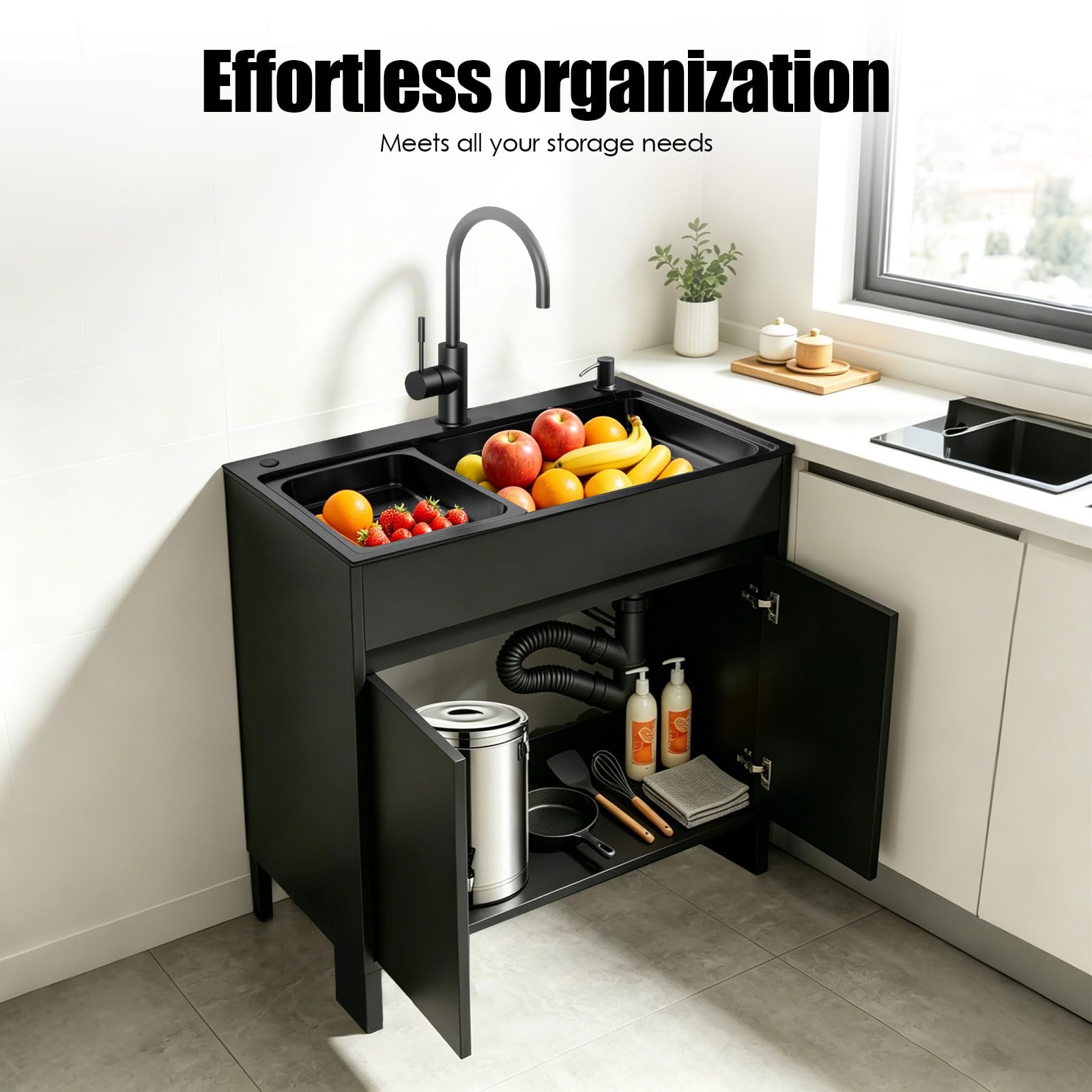 Mueble Fregadero Lavadero, Armario de Aluminio de Nido de Abeja Impermeable con Fregadero de Acero Inoxidable Negro Nano, Lavadero Portante Exterior/Interior con Grifo Cuello de Cisne, Blanco/Gris