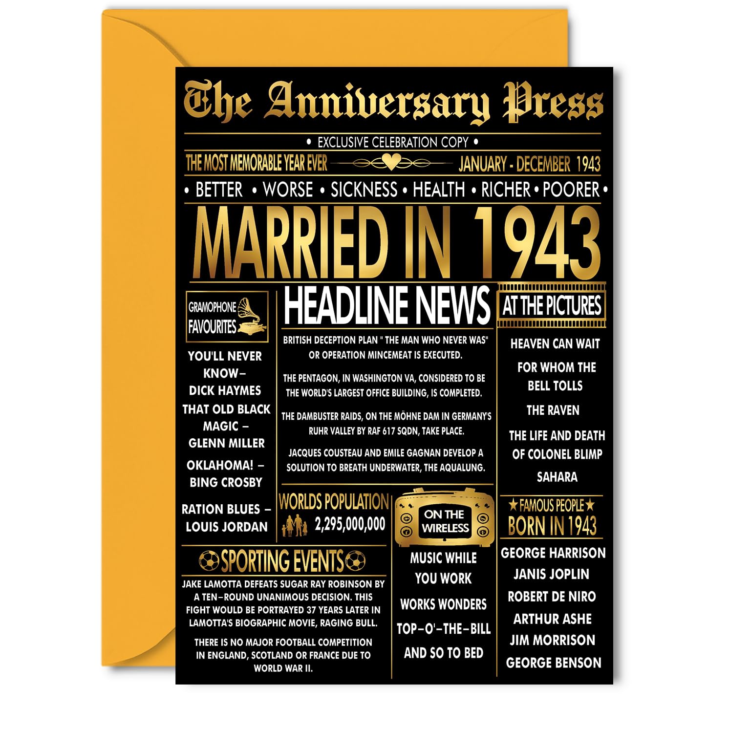 Gold 83rd Anniversary Card for Women Men - Golden Newspaper Married in 1943-83 Year Wedding Anniversary Card for Husband Partner Wife Companion, 5x7 Inch Anniversaries Greeting Cards