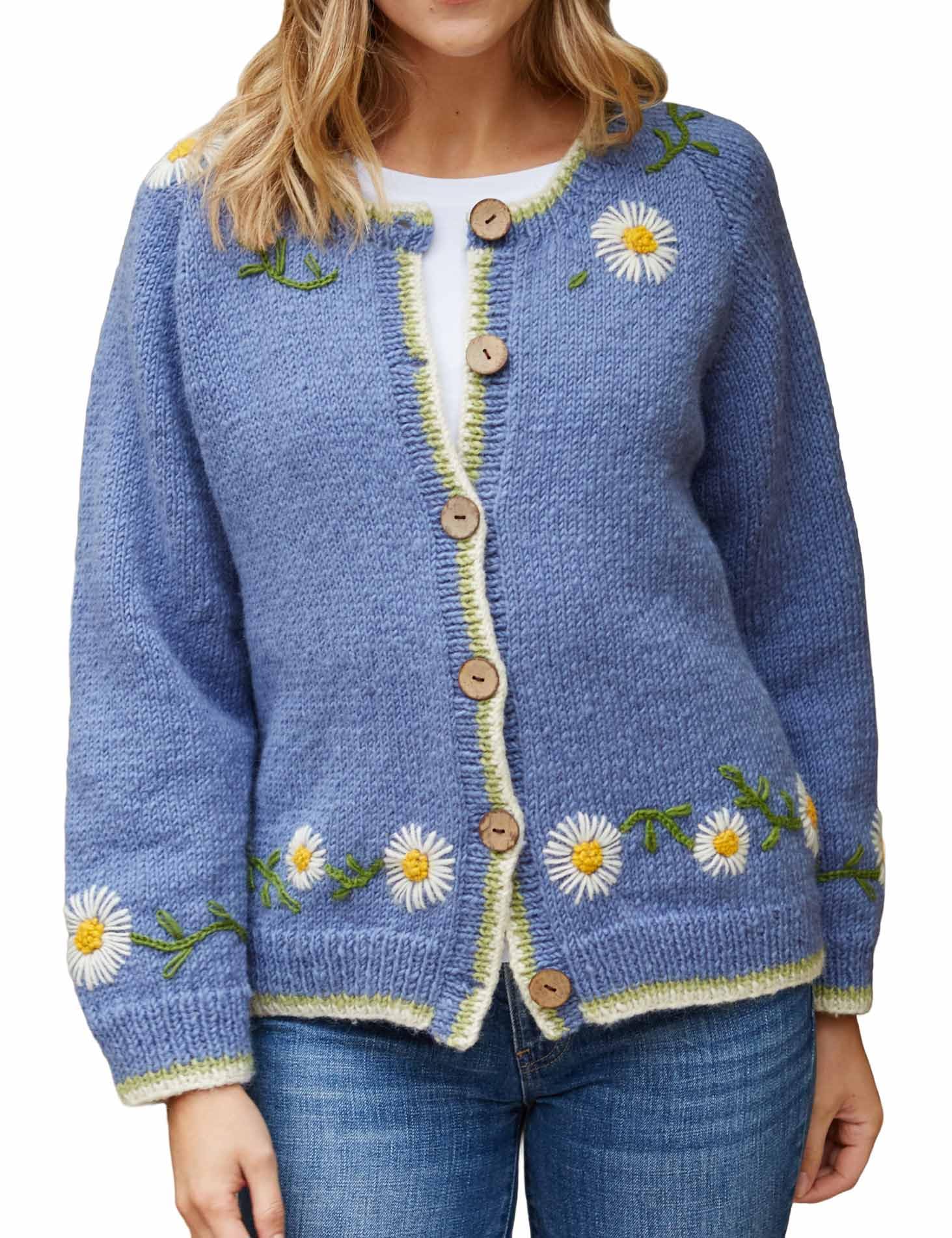 Pachamama Women Wool Buttoned Cardigan Handknitted Daisy Chain Denim Handmade Extra Warm Fair Trade (as8, Alpha, l, Regular, Regular)