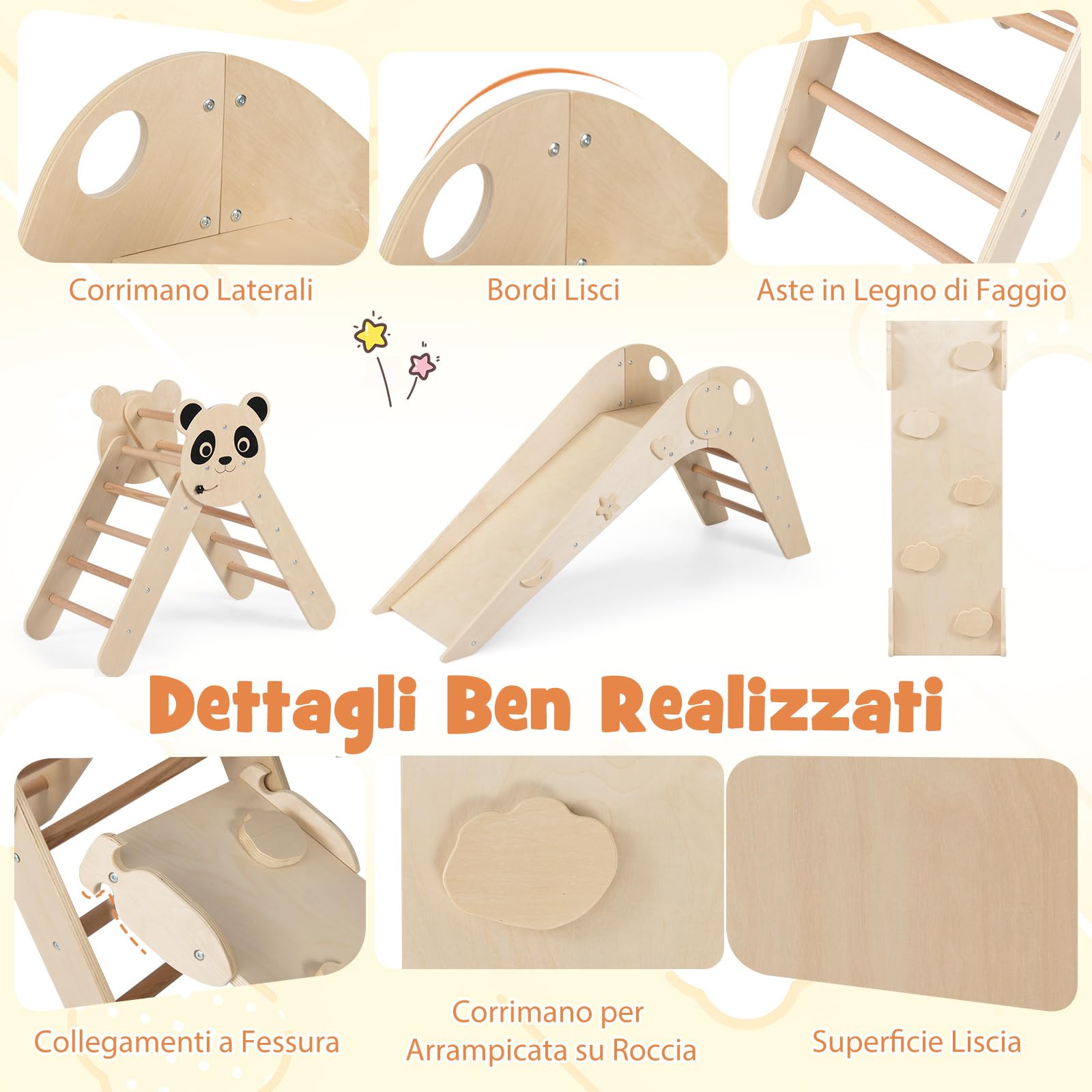 COSTWAY Set da Arrampicata per Bambini, Set Montessori Pieghevoli in Legno, Parco Giochi per Bambini con Scivolo, Rampe, Scala e Blocchi, 3 Anni + (Naturale)
