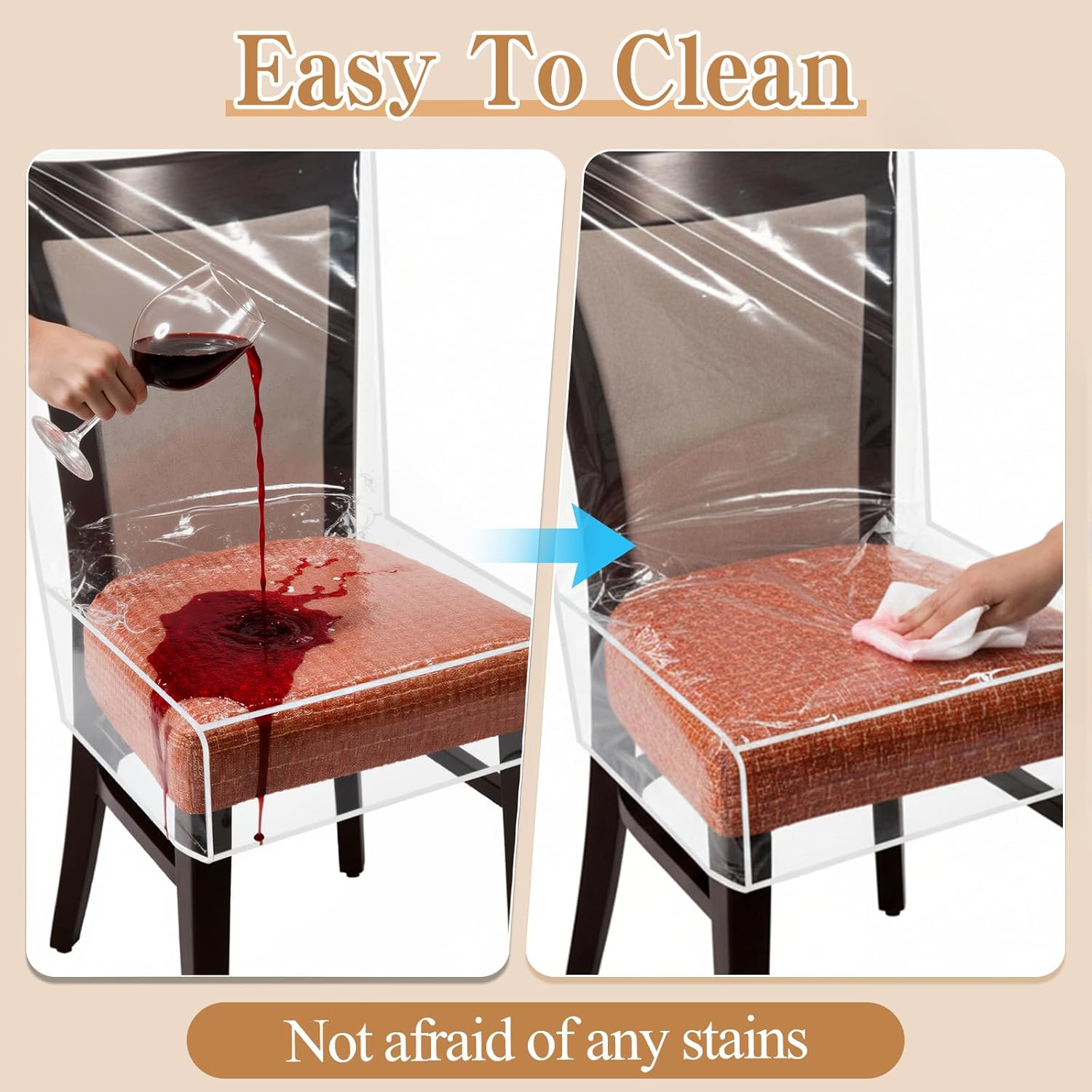 6 Pack Plastic Dining Chair Covers, Waterproof Clear Plastic Kitchen Chair Protectors W/21 x D/18 Inch Keep Your Chairs Safe from Water Dust Stain and Pet Claws Fits 16-23"