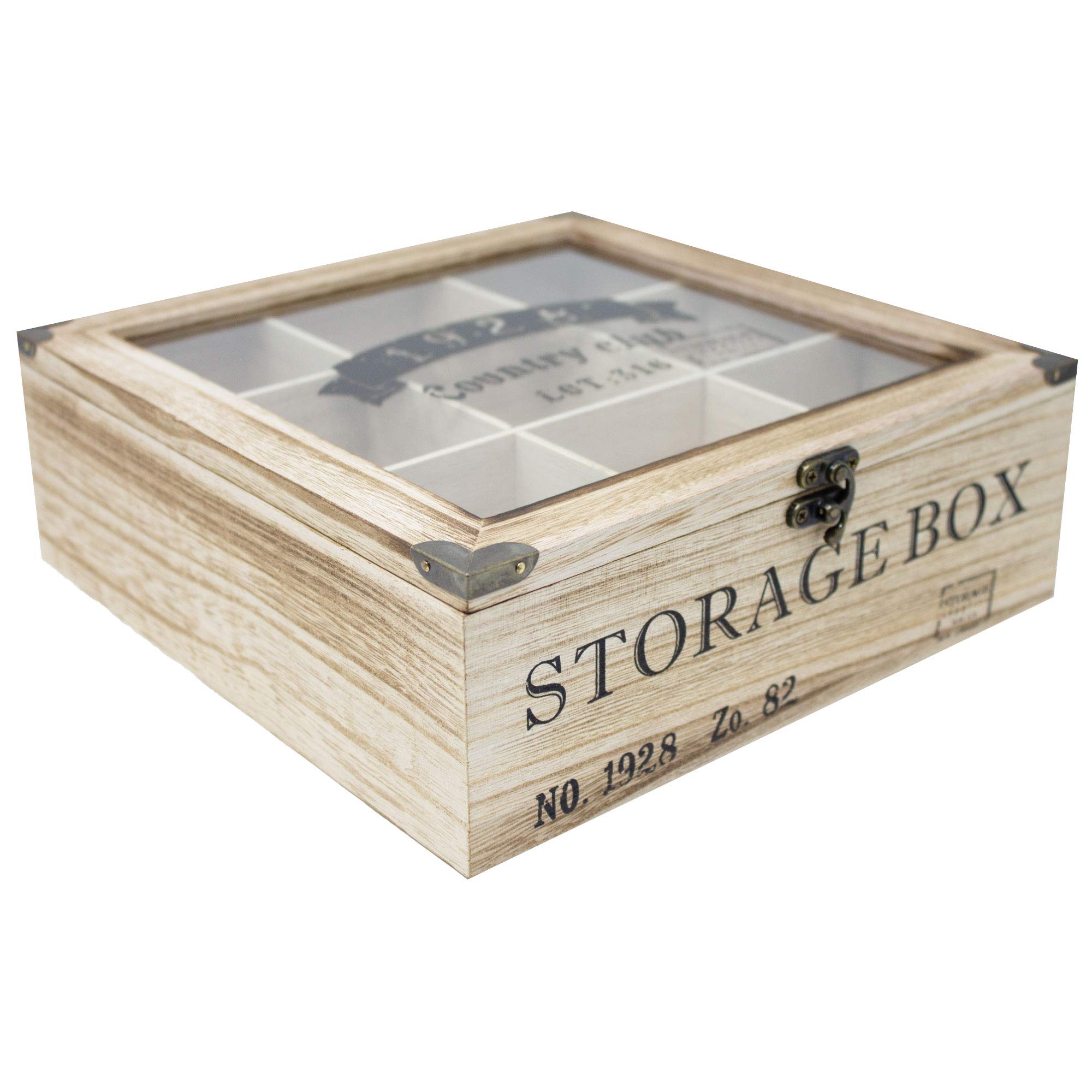 ToCi Scatola da tè in legno naturale con 9 scomparti – Scatola rettangolare con finestra in stile vintage – Contenitore per tè per bustine di tè, spezie e piccole parti | 24 x 24 x 8,5 cm
