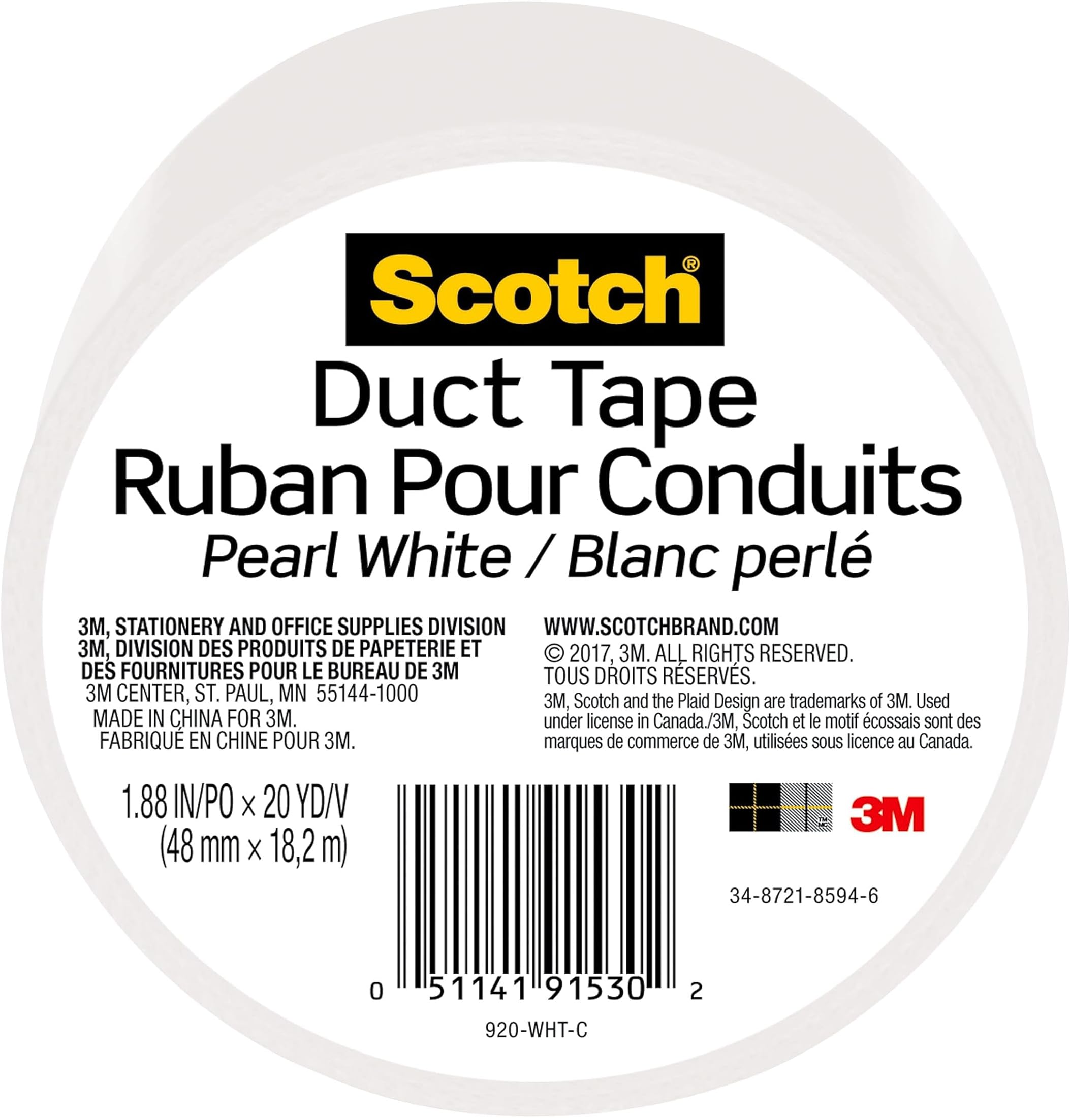 Duct Tape, 1.88 in x 20 yd, Pearl White, 1 Roll (920-WHT-C)