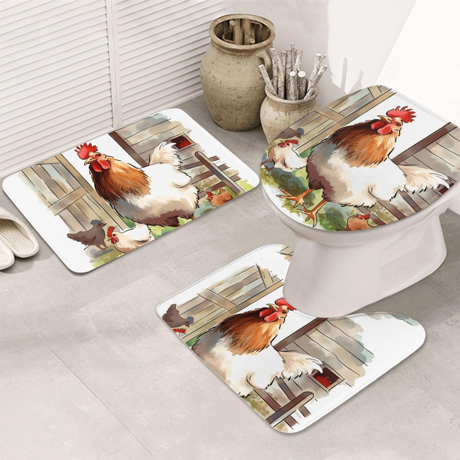 Tapis de bain antidérapant lot de 3 avec tapis de sol doux en forme de U animaux de la ferme