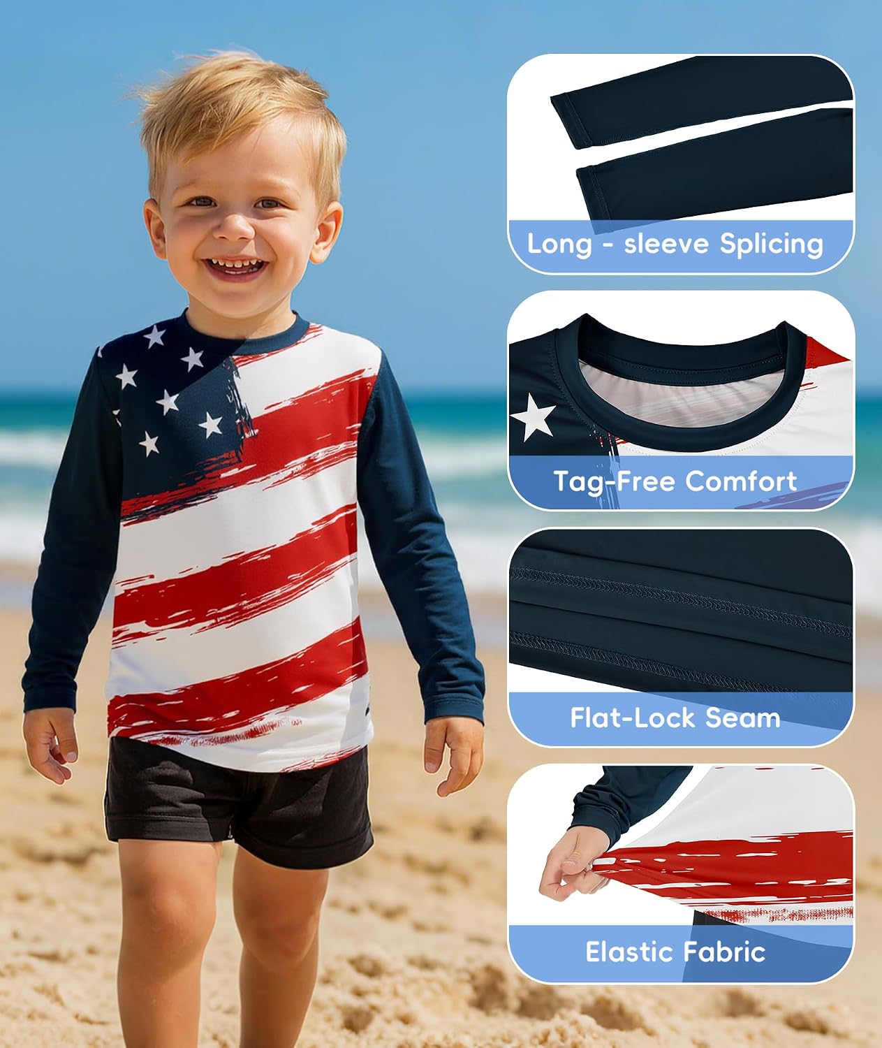 American Trends Boys Swim Shirt UPF 50+ Long Sleeve Toddler Rash Guard 2-9T | UV Sun Protection Kids Sun Shirt Lightweight Quick Dry for Summer Beach Surf Swimming