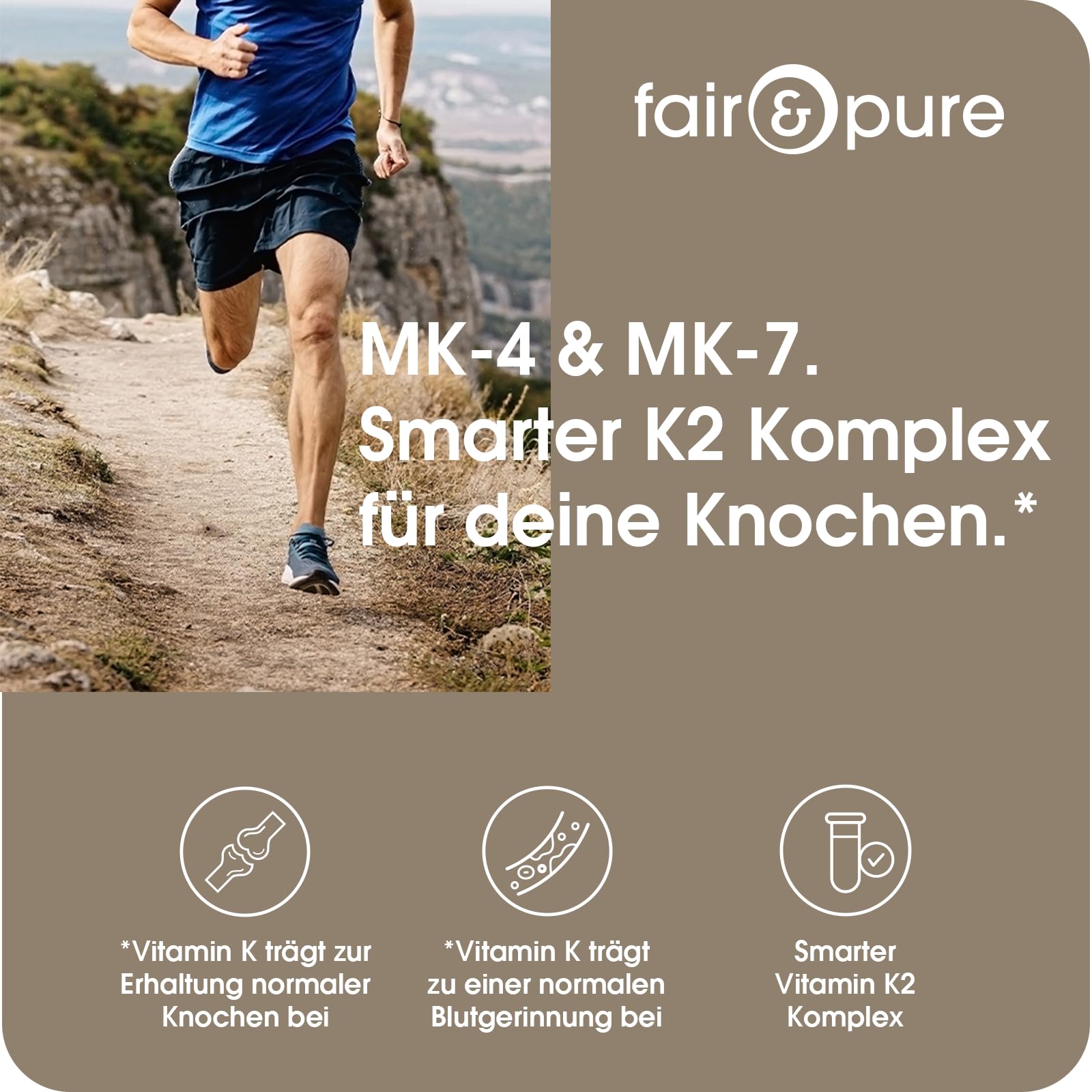 Fair & Pure Vitamin K2 Komplex 1250μg MK-4 & MK-7, 180 Kapseln, schluckfreundlich, hochdosiert, Nahrungsergänzungsmittel vegan ohne Magnesiumstearat, in Deutschland hergestellt