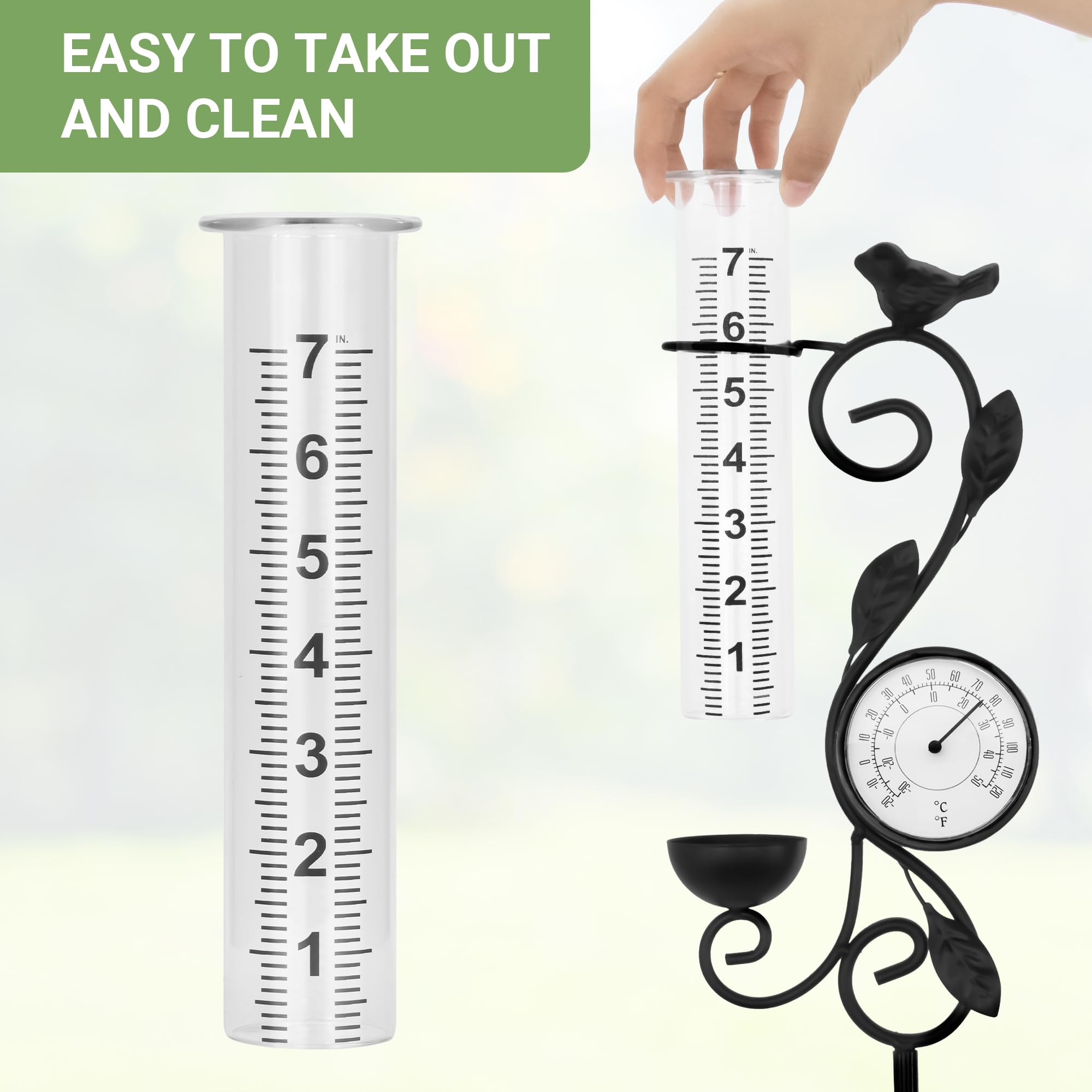 Pluviometro per esterni, termometro da giardino per interni ed esterni, 81,3 cm, statua da giardino, capacità 17,8 cm, pluviometro in vetro tubolare di ricambio per decorazione esterna, termometro