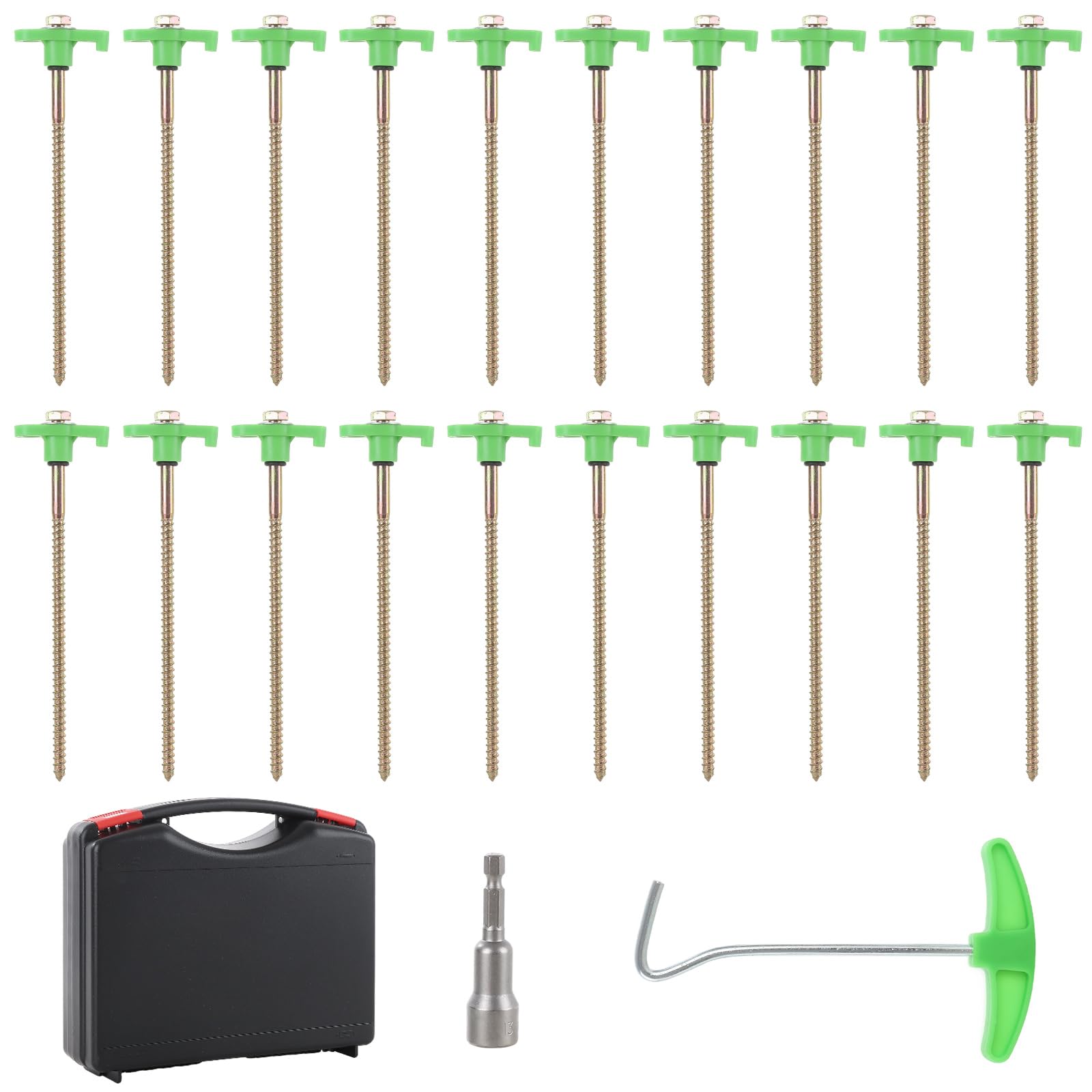 YOUNTHYE 20 Pack Heavy Duty Tent Pegs, 20cm Hard Ground Camping Pegs Metal Rock Pegs with Drill Adapter and Storage Case, Screw In Ground Tent Pegs with Thread, for Camping, Rock, Beach