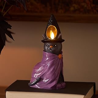 Flameless Halloween Witch Cat Candle 3.5" x 7", Flickering LED Moving Flame Light, Real Wax Hand Painted Details, On/Off Timer, Batteries & Remote Sold Separately, Autumn Fall Goth Decoration