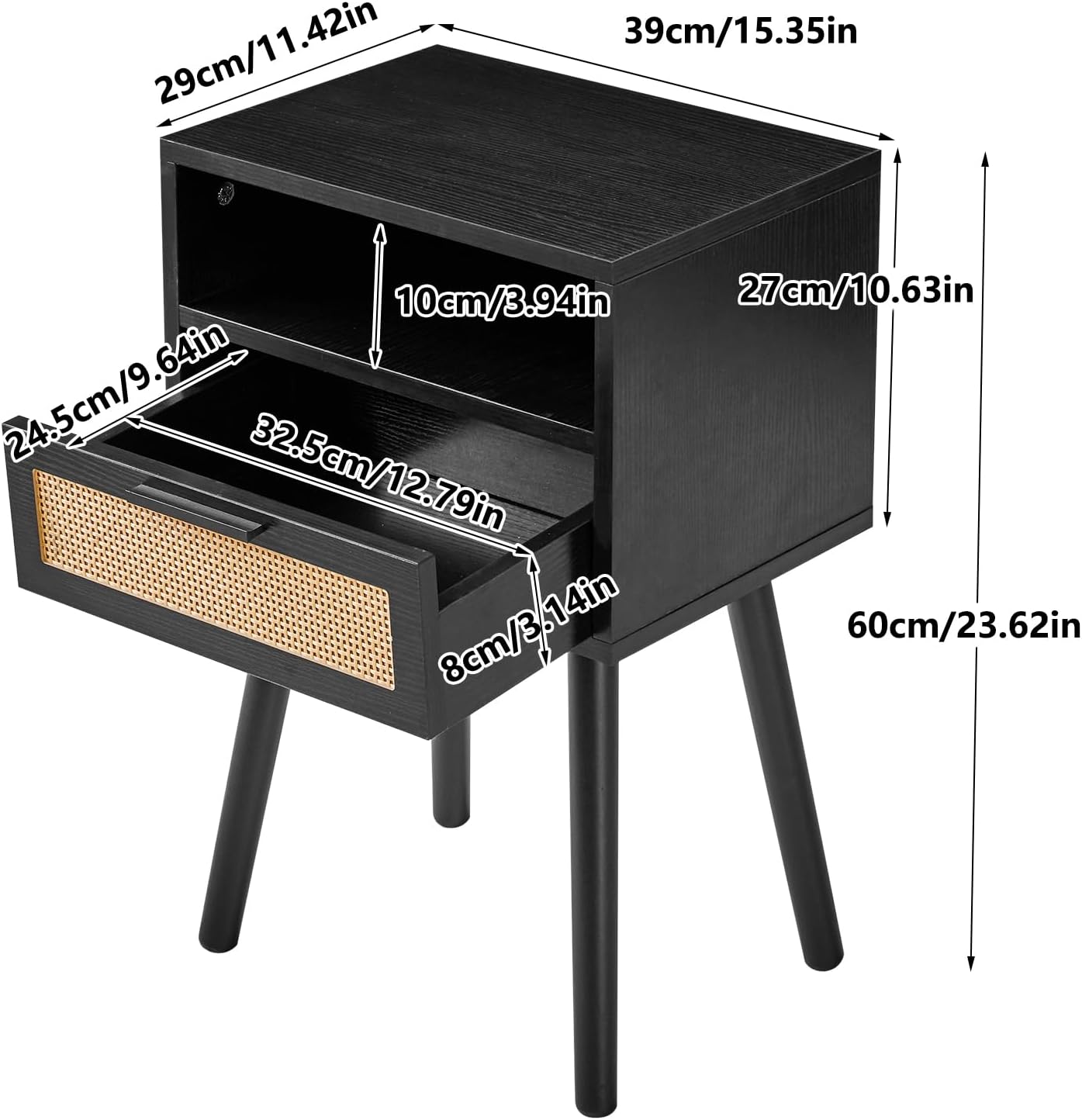 IBUYKE Rattan Nightstand, Boho Side Table with Drawer Open Shelf, Wood Accent Bedside Table, End Table with Legs for Bedroom, Living Room and Small Spaces, Black UWNS009B