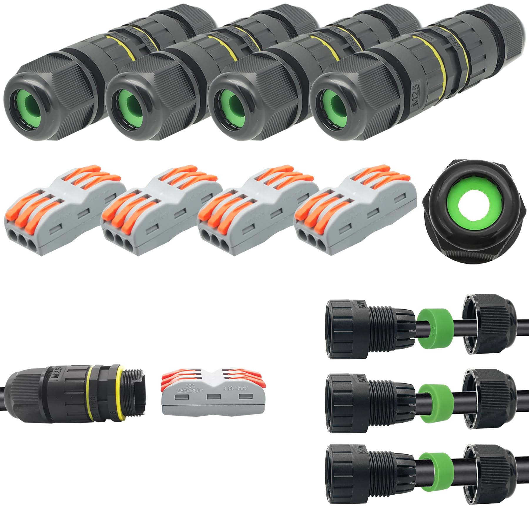 CTRICALVER Wodoodporna puszka przyłączeniowa Zewnętrzne złącze kablowe Nowe złącze IP68 5mm-14mm zewnętrzny łącznik tulejowy (opakowanie 4 szt.)