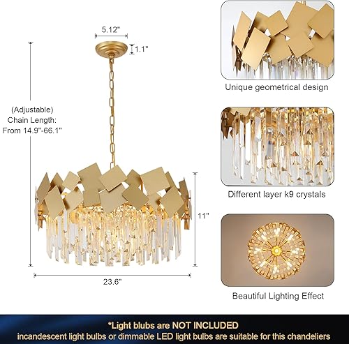 Miniatura 2 de Candelabro moderno de cristal dorado de 24 pulgadas para comedor, lámpara colgante de techo de 9 luces, lámpara colgante de techo K9 de cristal de