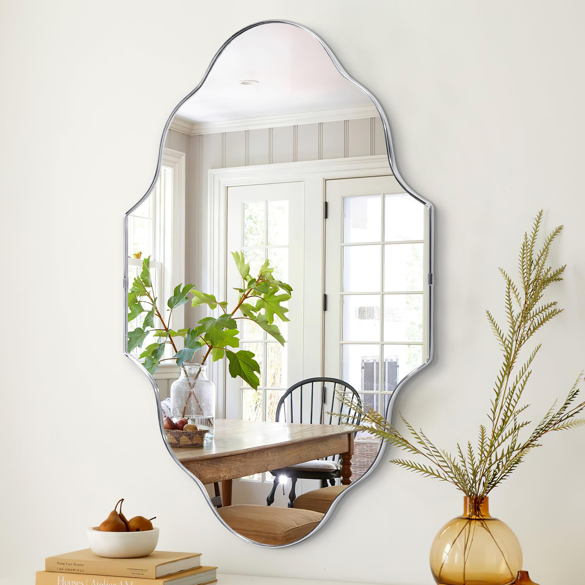 Scalloped Mirror for Bathroom, 20" x 30" Silver Irregular Wall Mirror with Frame, Decorative Modern Wall Mirror for Entryway, Bedroom, Dining Room, Living Room, Hallway & Farmhouse