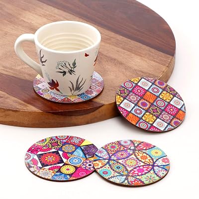 DULI Printed Poker Design Wooden Coasters for Tea Coffee (Set of 4, 4x4 Inch) (RoundRedAbstracts)