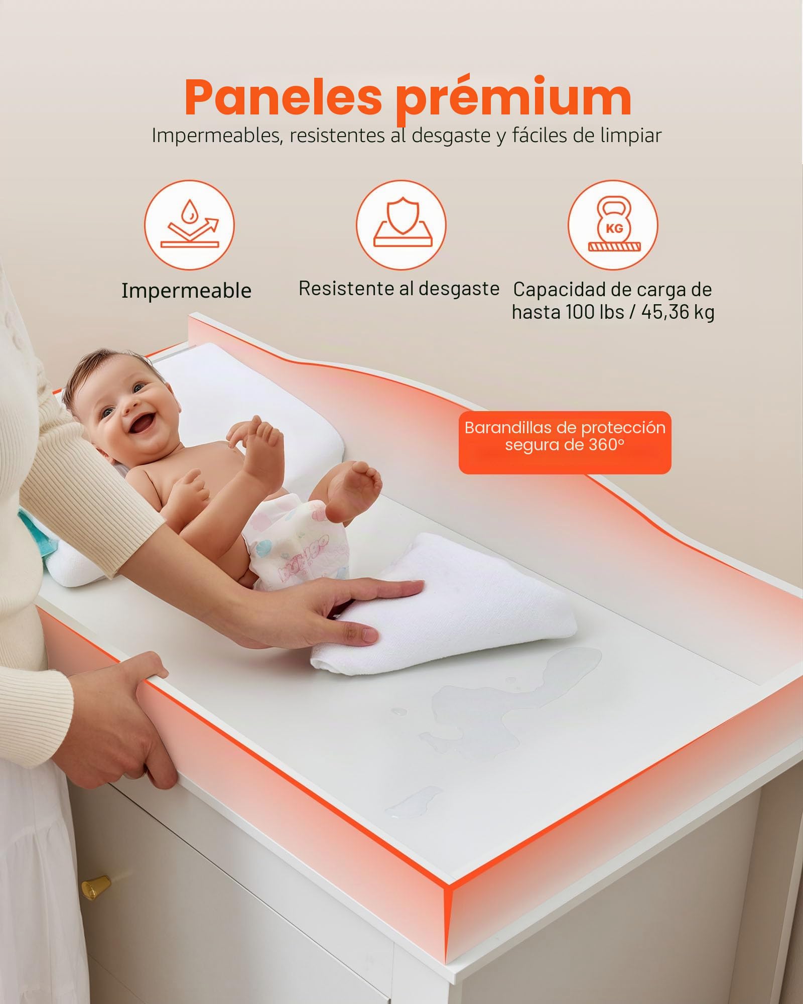 VEVOR Cambiador, Cambiador Moderno y Multifuncional de Pañales para Bebé 462 x 851 x 1010 mm con 3 Cajones y Organizador de Almacenamiento, Carga de 45,36 kg para Habitación Infantil, Blanco